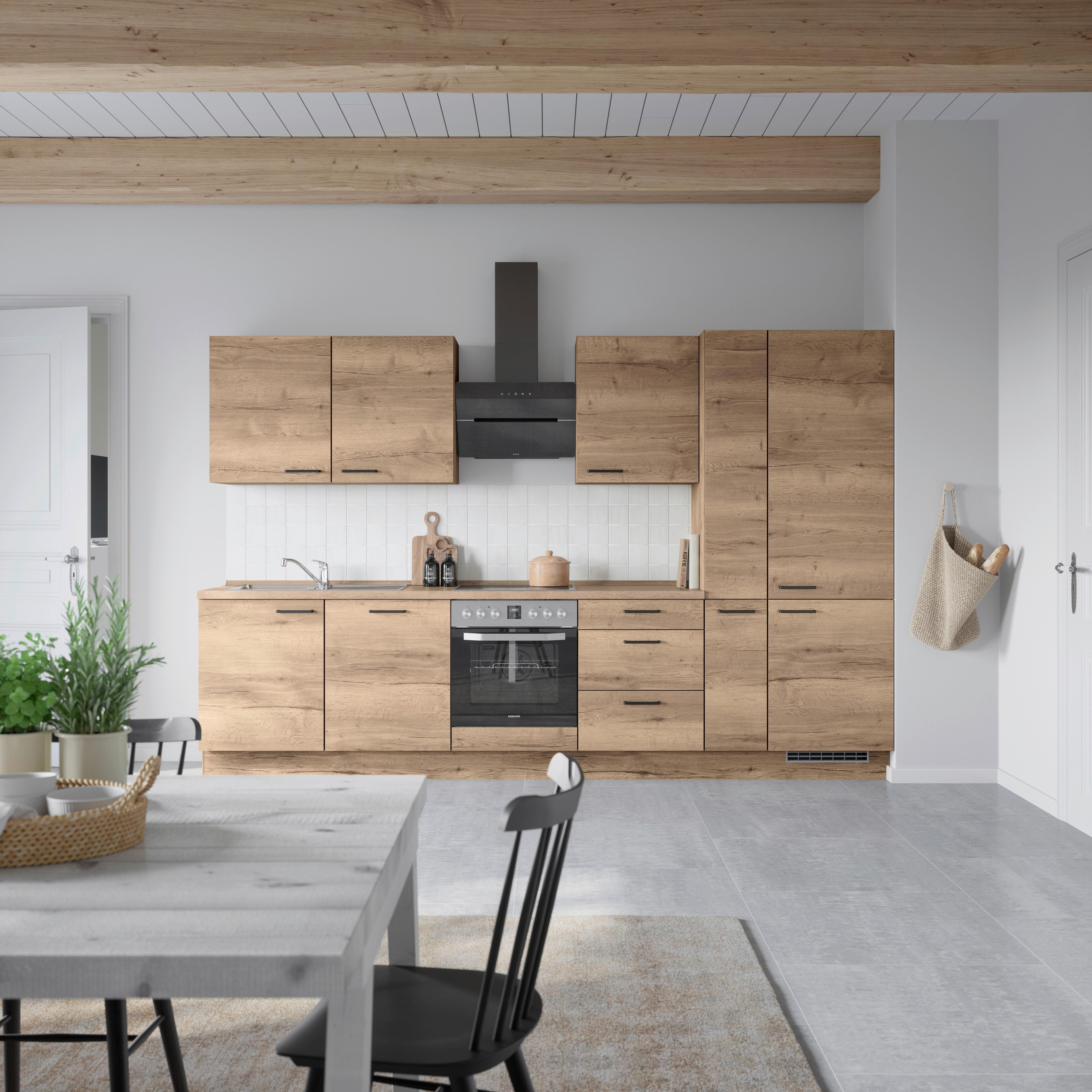 Küchenblock Structura High m. Geräten Eiche dunkel - Eiche dunkel/Schwarz, MODERN, Holzwerkstoff/Metall (330cm) - Nobilia
