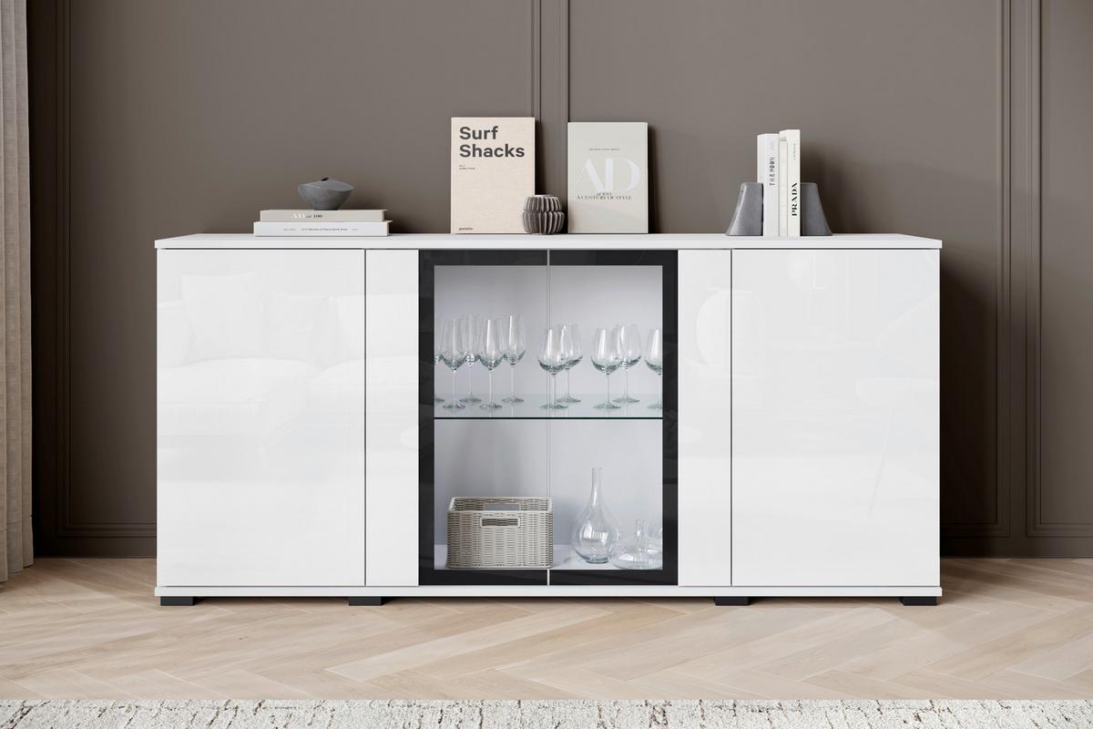 Komoda Caro, Bela, Visoki Sijaj - črna/bela, Design, umetna masa/steklo (150/69,7/39,5cm) - Livetastic