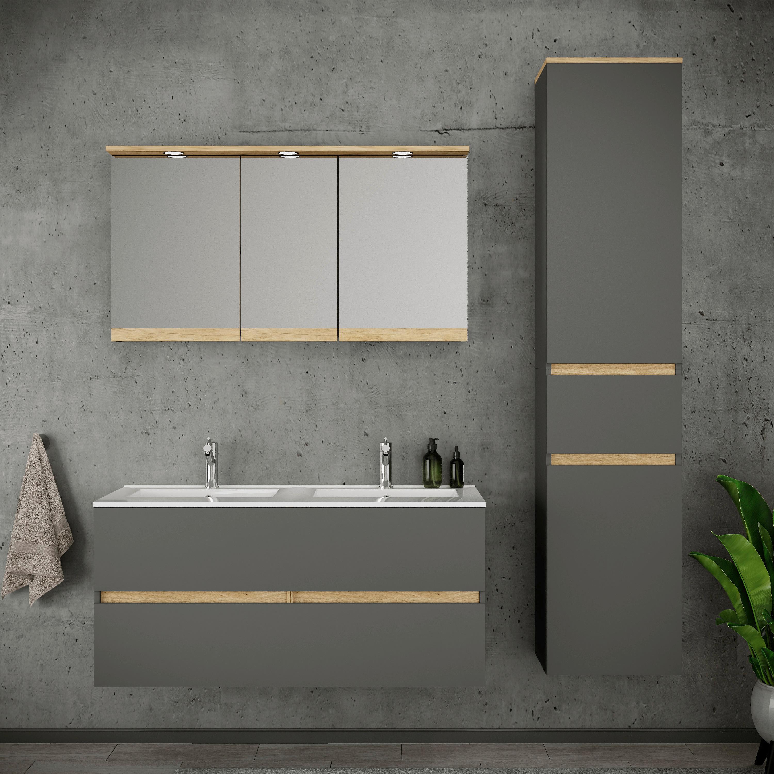 Fürdőszobabútor Cosila - méztölgy színű/antracit, Trend, faalapú anyag/kerámia (152cm) - MID.YOU