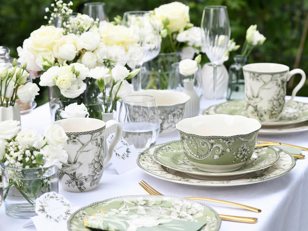Serviciu de masă Adelaide 16/1 - alb/verde, Basics, ceramică - Creatable