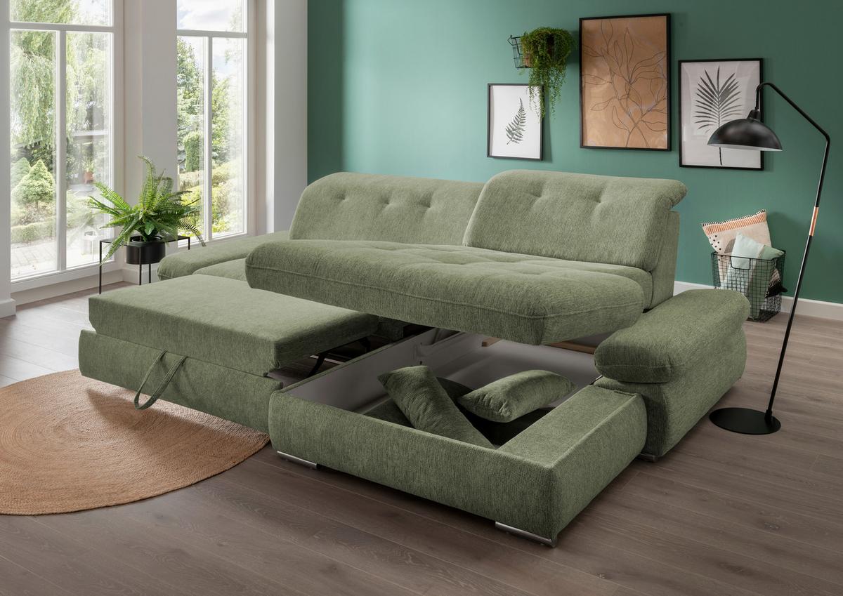 Wohnlandschaft Dalida Grün Chenille - Chromfarben/Grün, Design, Textil/Metall (300/196cm) - Livetastic