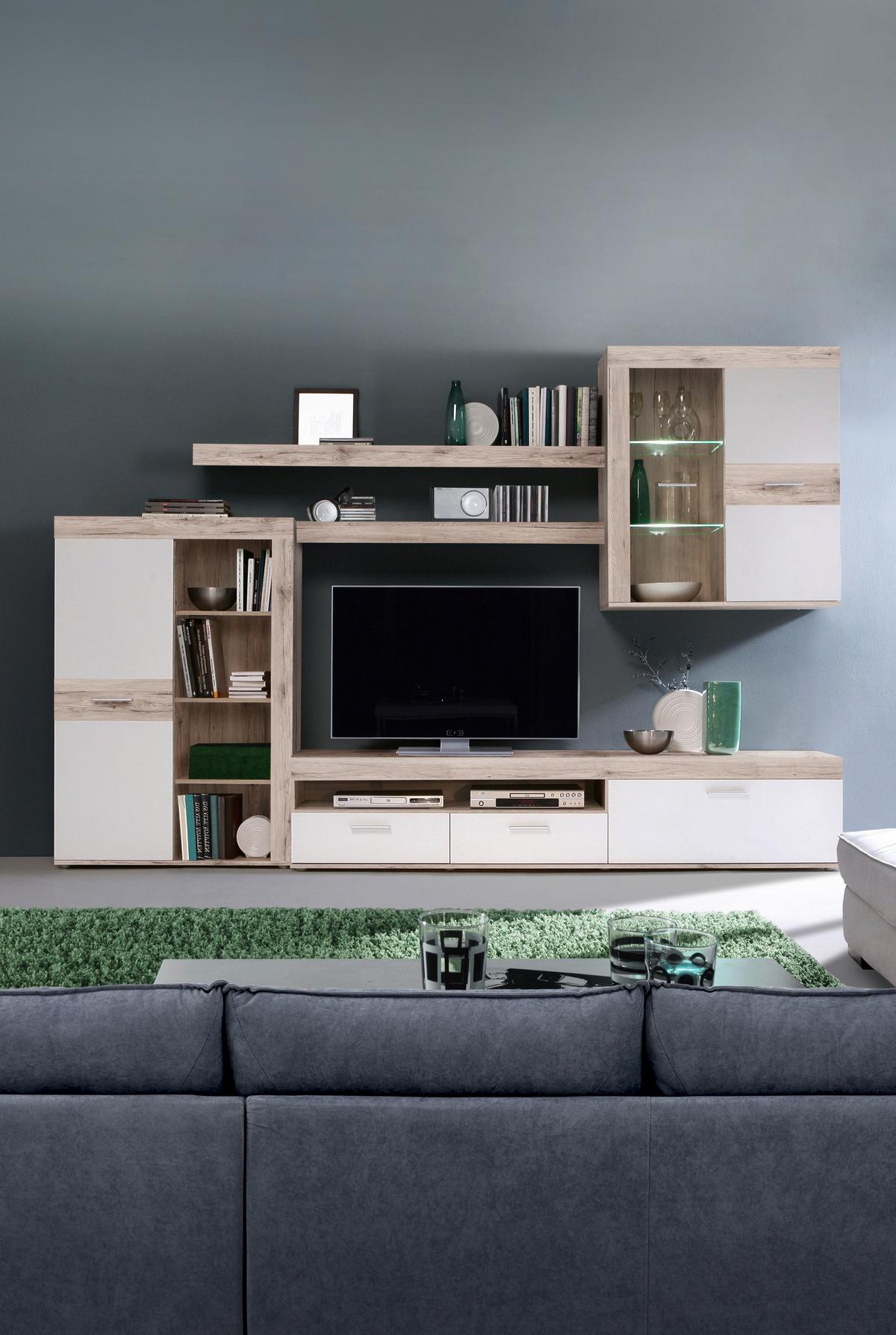 Ansamblu mobilier camera de zi ZUMBA - alb/culoare lemn stejar, Design, plastic/sticlă (300/200,9/41cm) - Modern Living