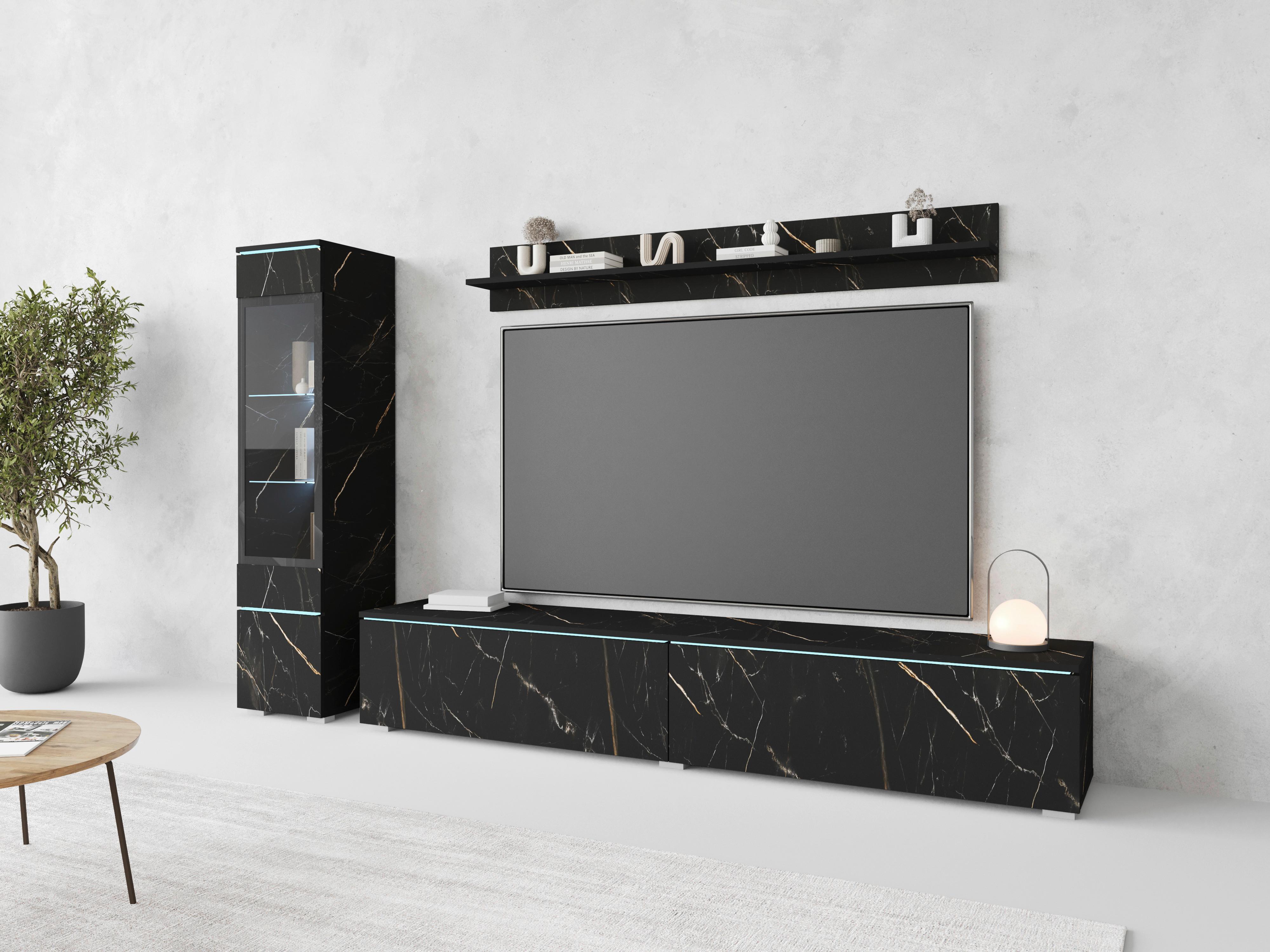 Wohnwand Vera ca. 210x130 cm Schwarz - Schieferfarben/Grau, Basics, Glas/Holzwerkstoff (210/130/33cm) - P & B