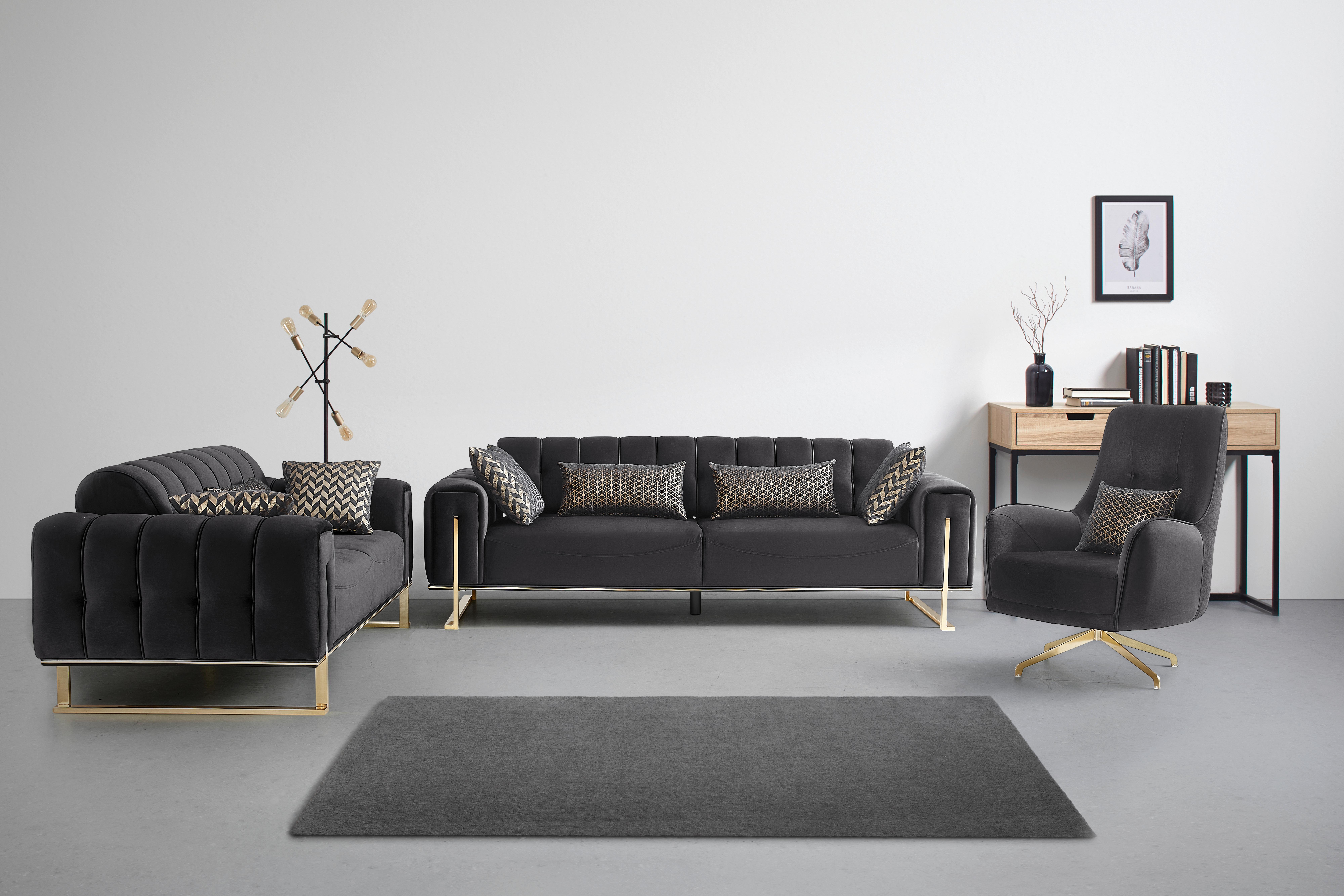 canapé 3 places in Schwarz/Goldfarben - Goldfarben/Schwarz, Lifestyle, Textil (244/80/90cm) - Mömax