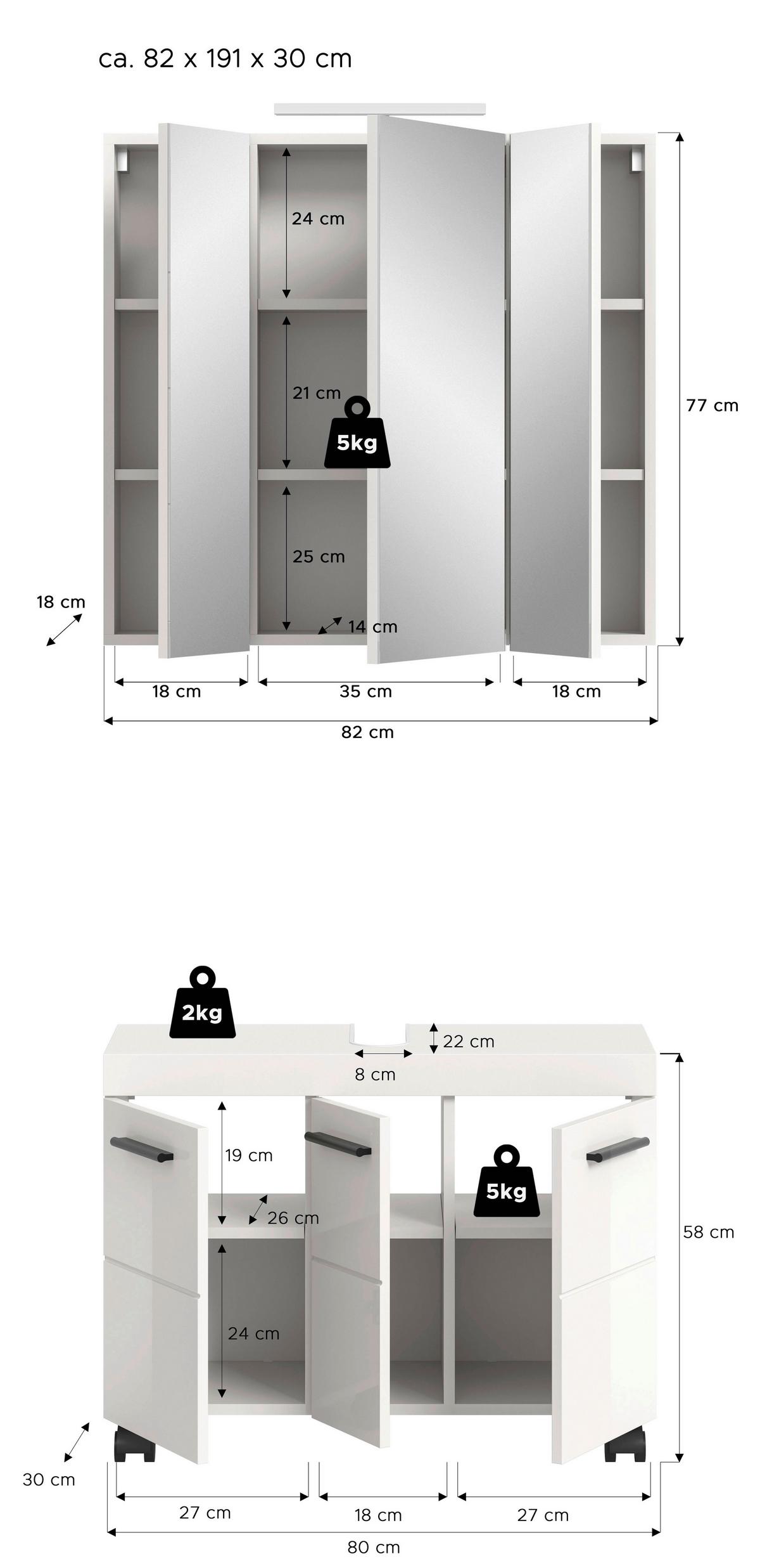 Badezimmer NOVA Weiß, Weiß Hochglanz 2-teilig - Weiß Hochglanz/Schwarz, Trend, Glas/Holzwerkstoff (82cm) - MID.YOU