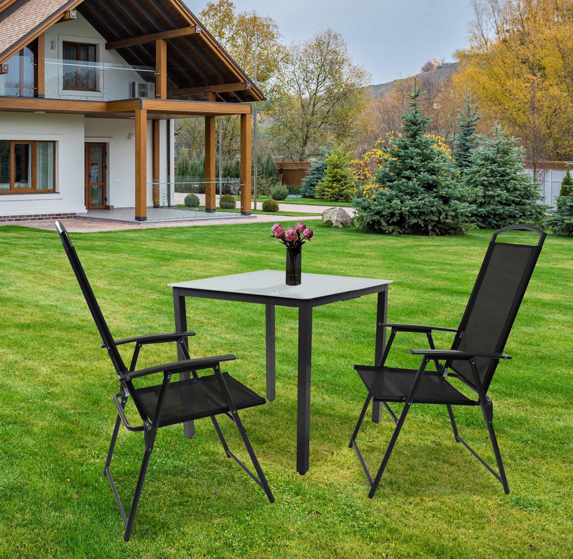 Gartentischgruppe Schwarz 3-teilig - Anthrazit/Schwarz, Basics, Glas/Metall - Gardenson