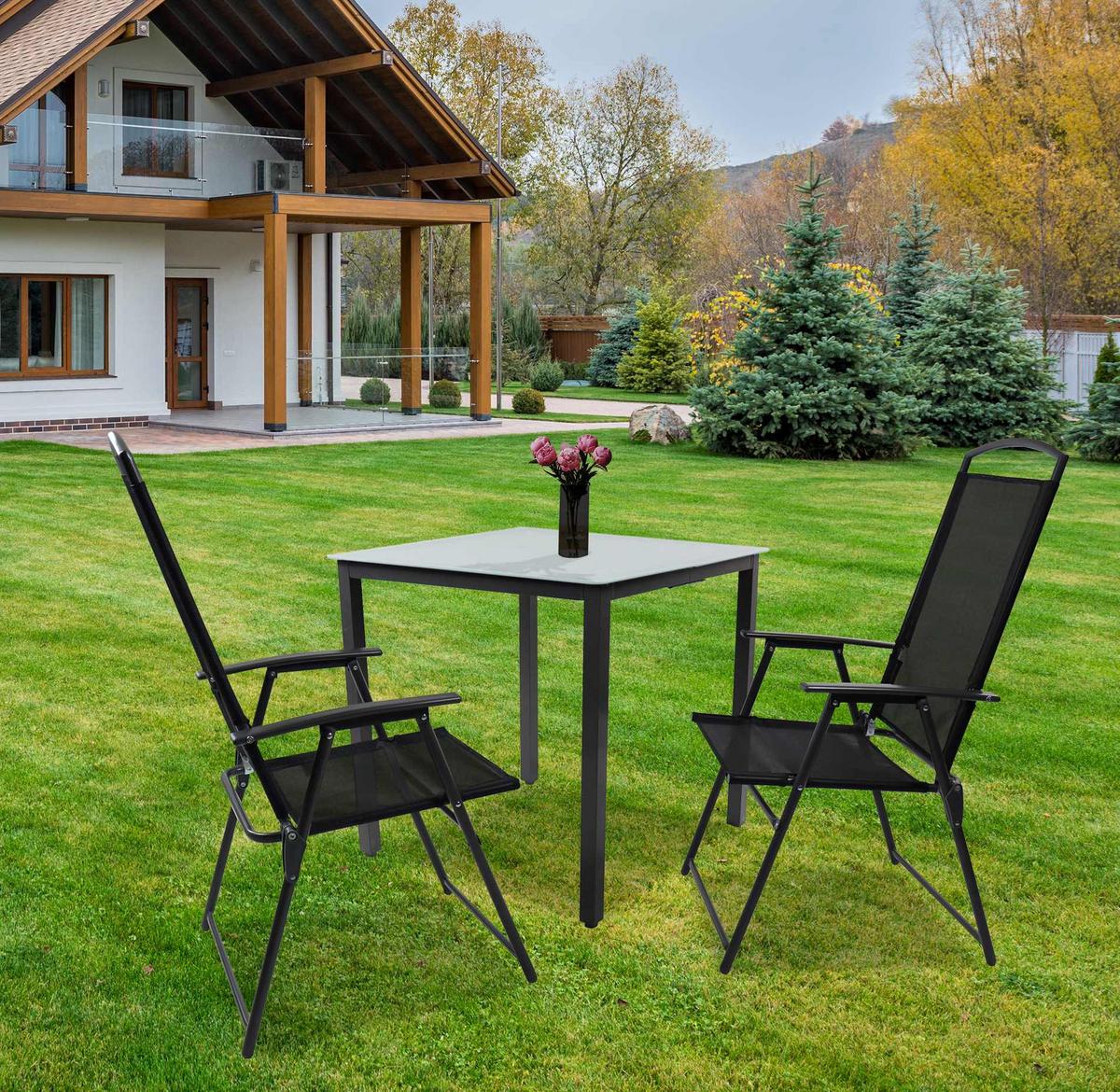 Gartentischgruppe Schwarz 3-teilig - Anthrazit/Schwarz, Basics, Glas/Metall - Gardenson