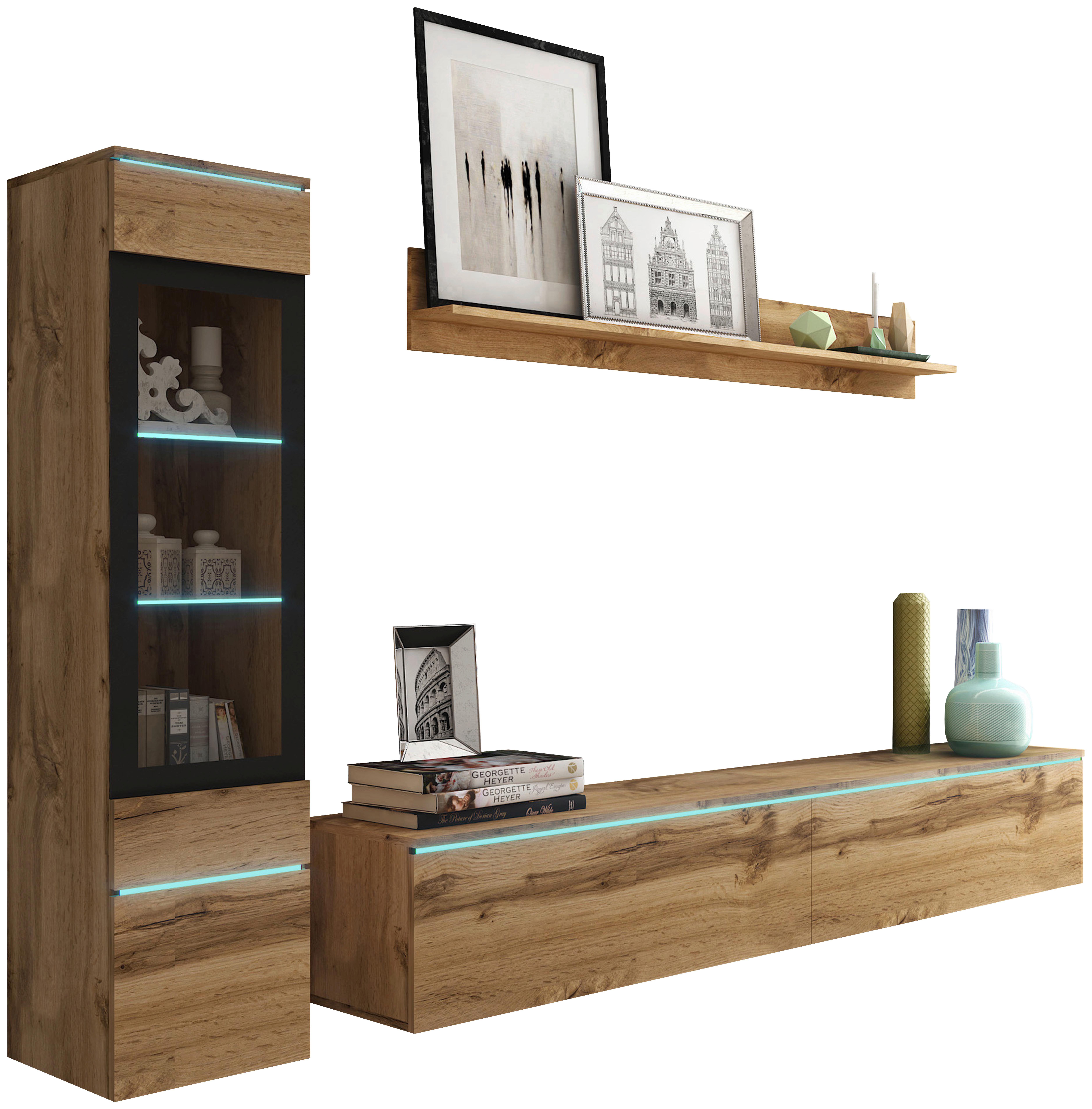 Wohnwand Vera | Eiche Wotan - Eiche Wotan/Grau, Lifestyle, Glas/Holzwerkstoff (210/130/33cm) - P & B