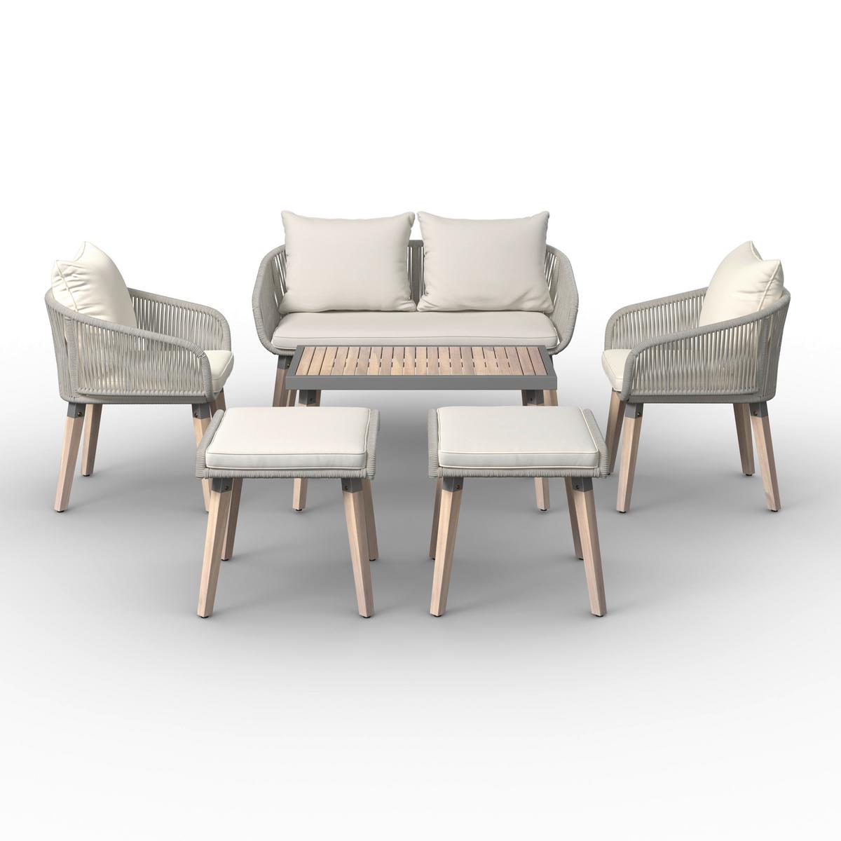 Loungegarnitur Elodie Grau Echtholz/Textil - Greige/Creme, Modern, Holz/Kunststoff - Bessagi Garden