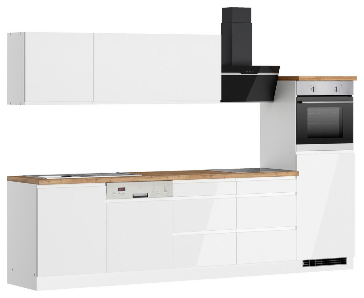 Küchenzeile Monza mit Geräten ca. 300 cm Weiß/Eiche + Spüle - Weiß Hochglanz/Eiche Wotan, LIFESTYLE, Holzwerkstoff (300cm) - Held