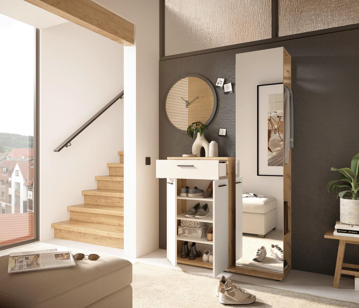 Predsoblje Malaga - boje hrasta/krem, Basics, staklo/drvni materijal (105/188/38cm) - Modern Living