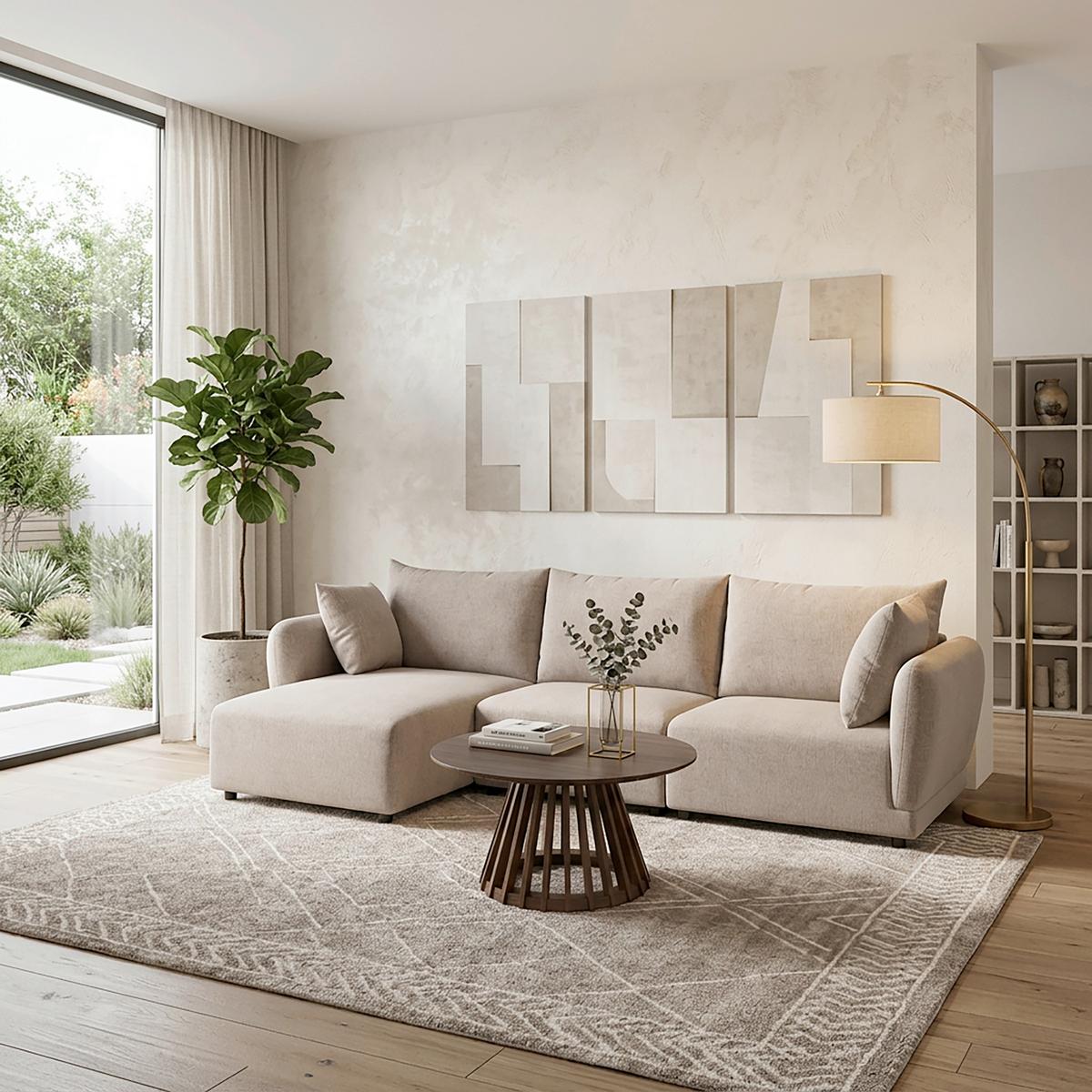 Wohnlandschaft Nicole Beige Chenille Ottomane links - Beige/Schwarz, MODERN, Holz/Kunststoff (306/162cm) - Bessagi Home