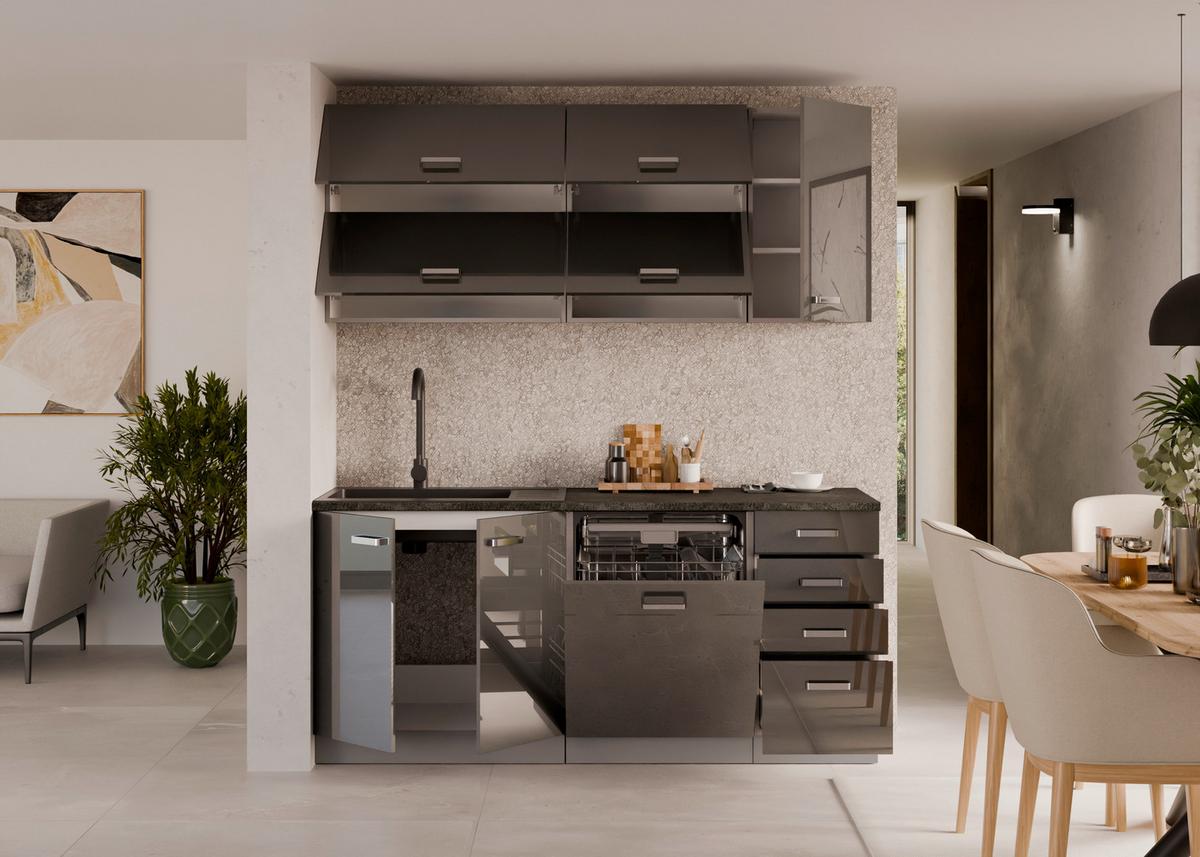 Blok Kuhinja Grey - siva visoki sjaj/boja hroma, Moderno, metal/pločasti materijal (180/214/60cm) - Modern Living