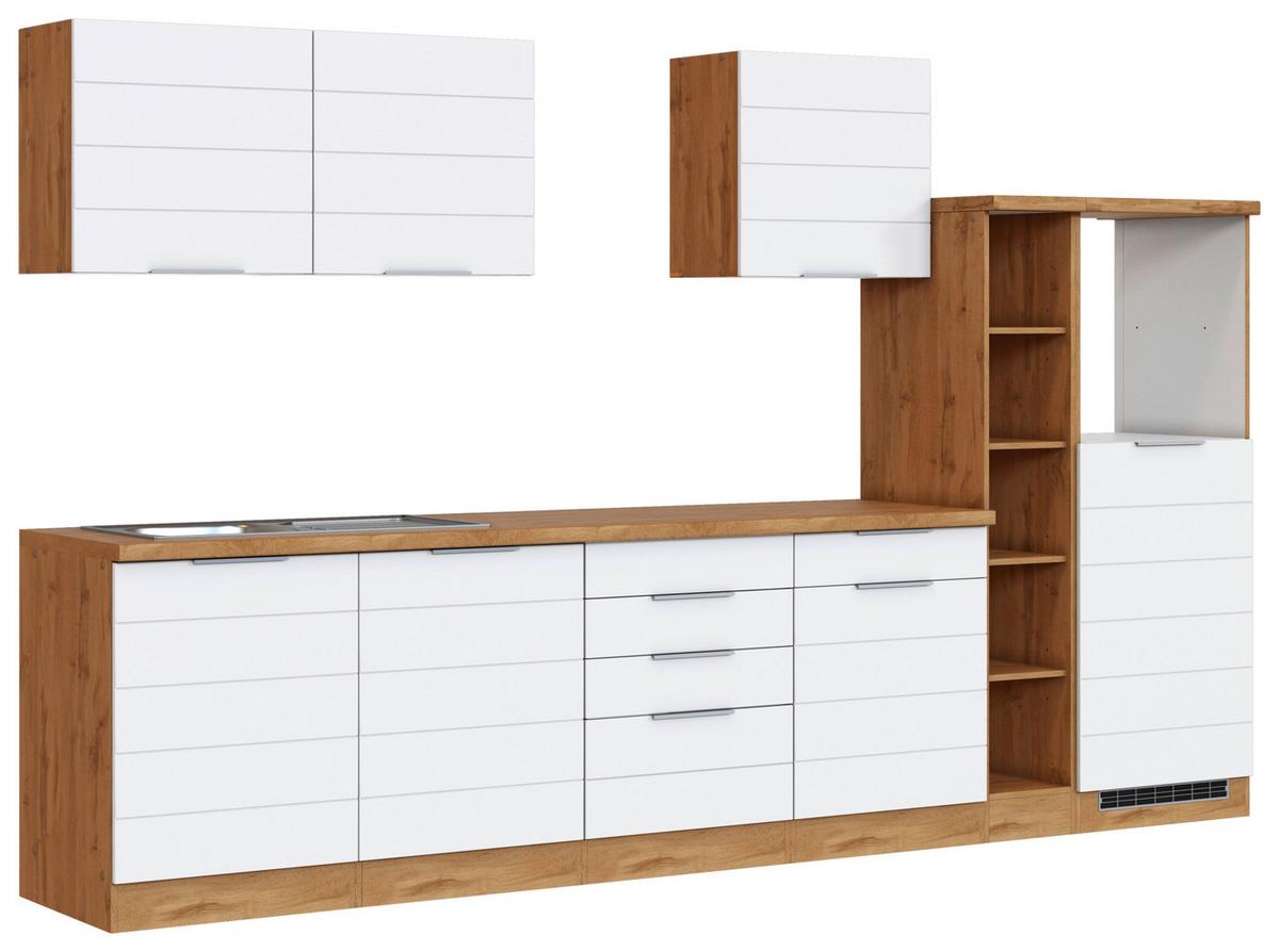 Küchenblock Florenz ohne Geräte ca. 330 cm Weiß/Eiche - Eiche Wotan/Weiß, Design, Holzwerkstoff/Metall (330cm) - Held