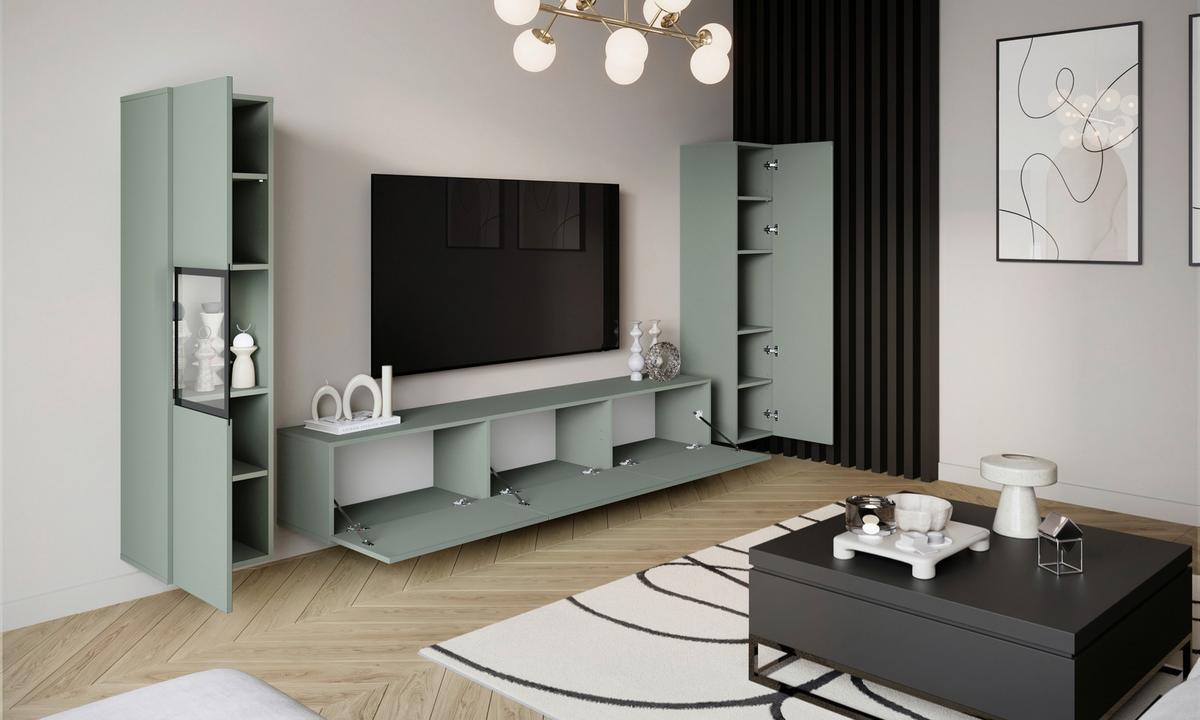 Ansamblu mobilier cameră de zi BERLIN - verde salvie, Design, sticlă/material pe bază de lemn (240/130/31cm) - P & B