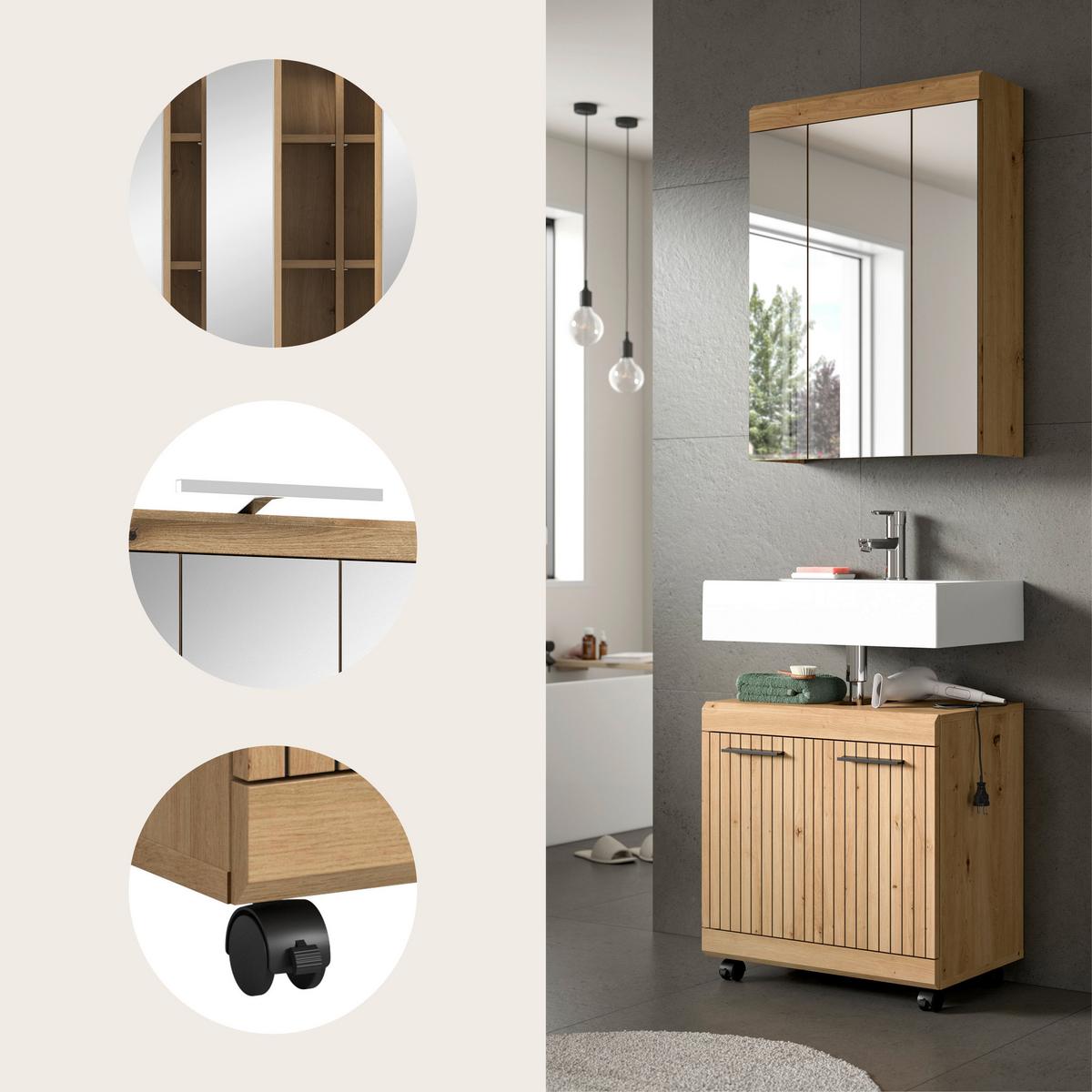 Badezimmer Scout Eiche Artisan 2-teilig - Schwarz/Eiche Artisan, Trend, Glas/Holzwerkstoff (60cm) - MID.YOU