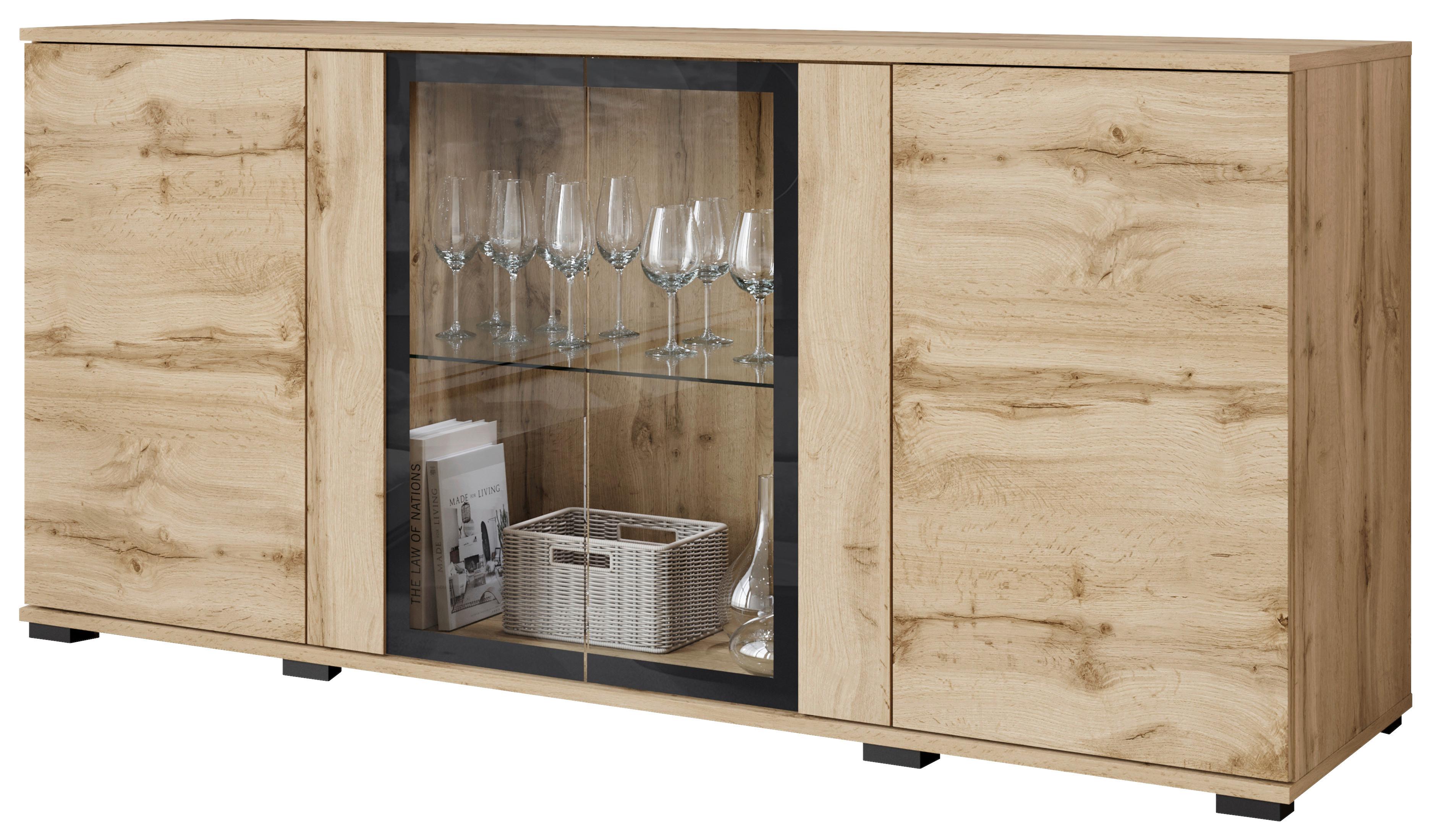 Sideboard Caro 150 - Eiche Wotan/Schwarz, Design, Glas/Holzwerkstoff (150/69,7/39,5cm) - P & B