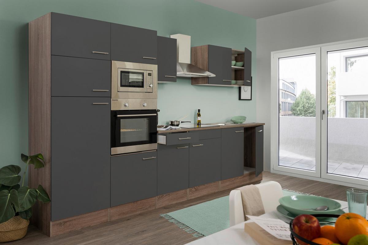 Küchenzeile Economy o. Geräte Grau/Eiche B: ca. 330 cm - Edelstahlfarben/Eichefarben, Basics, Holzwerkstoff/Metall (330cm) - Respekta