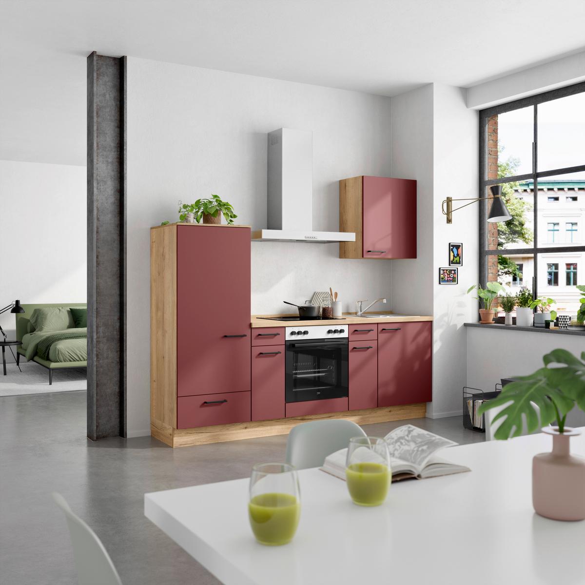 Küchenblock Easytouch Low m. Geräten Dunkelrot - Eichefarben/Schwarz, MODERN, Holzwerkstoff/Metall (240cm) - Nobilia