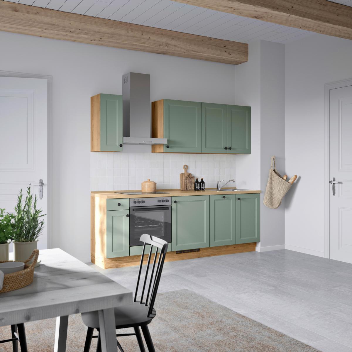 Küchenblock Cascada Low m. Geräten Schilfgrün - Schilfgrün/Eichefarben, MODERN, Holzwerkstoff/Metall (240cm) - Nobilia
