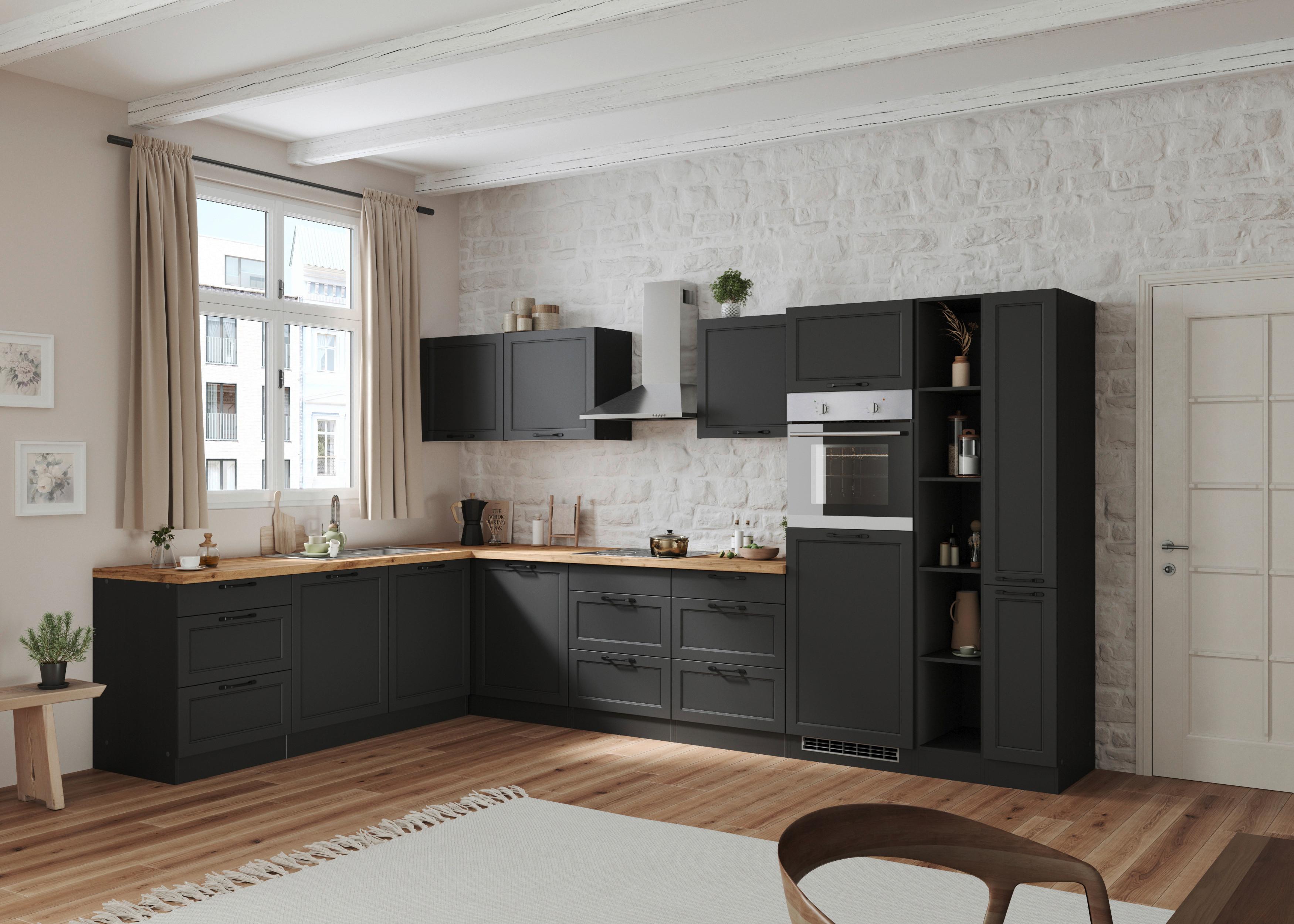 Eckküche Meran mit Geräten ca. 240x360 cm Grau/Eiche - Eiche Wotan/Schwarz, LIFESTYLE, Holzwerkstoff/Metall (240/360cm) - Held