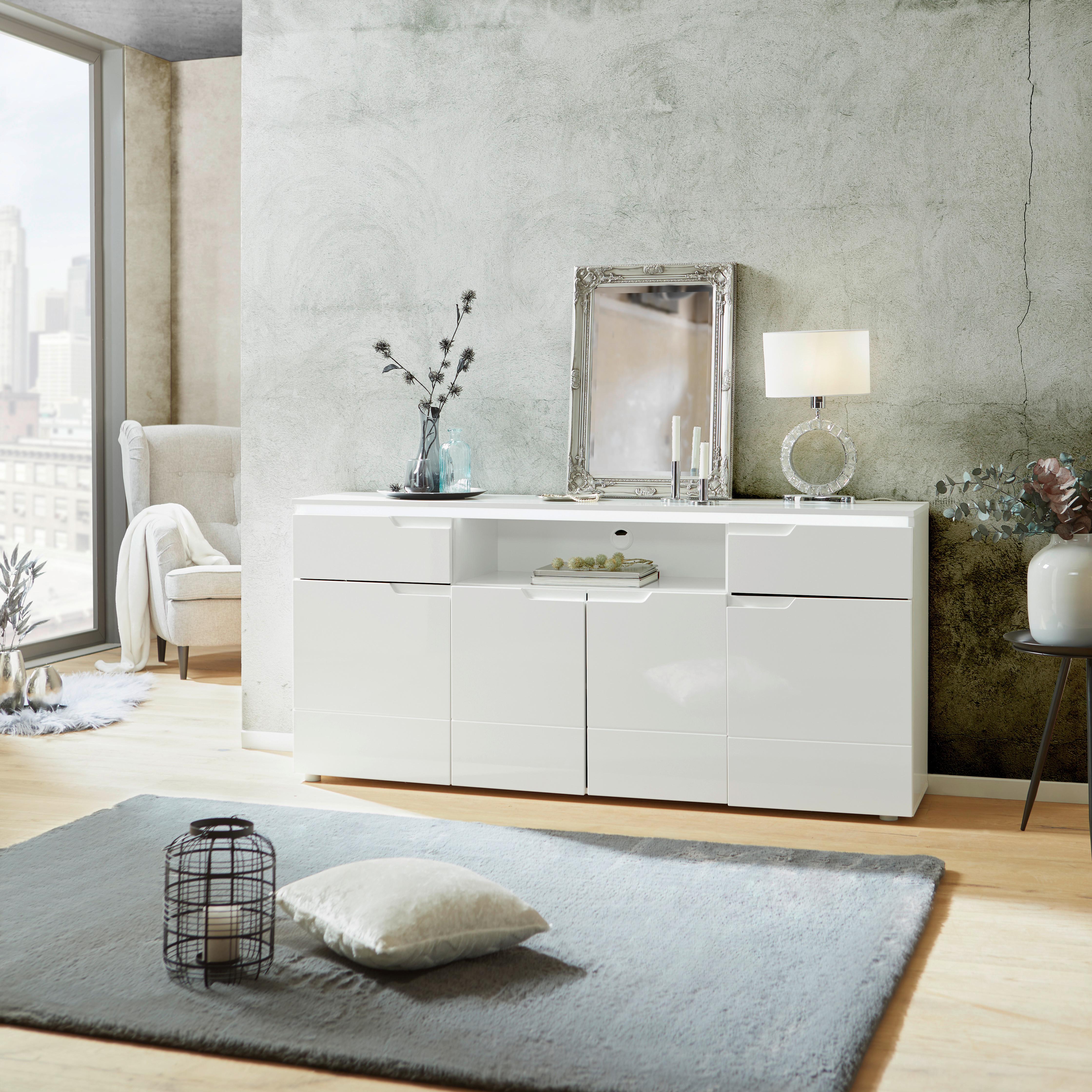 Comodă HILTON - alb/alb lucios intens, Modern, material pe bază de lemn (180/83,6/40cm) - Modern Living