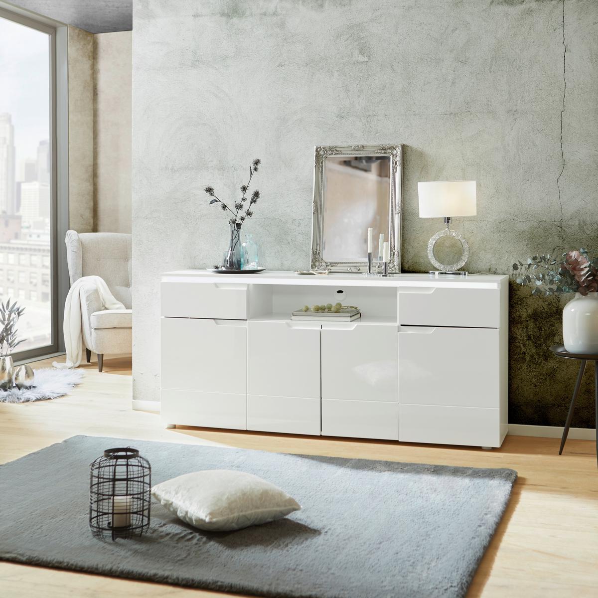 Comodă HILTON - alb/alb lucios intens, Modern, material pe bază de lemn (180/83,6/40cm) - Modern Living