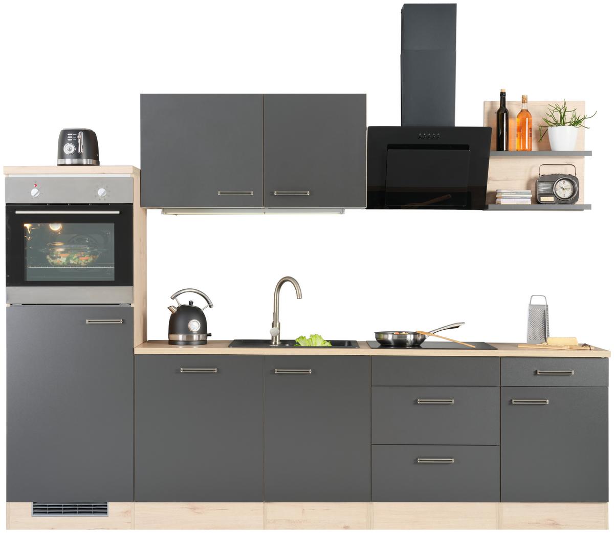 Küchenblock Milano Anthrazit/Eiche - Anthrazit/Schwarz, MODERN, Holzwerkstoff (280cm) - FlexWell