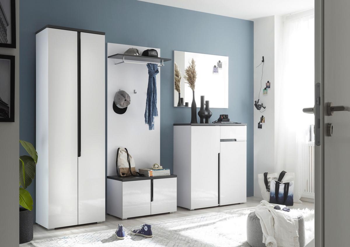 ŁAWKA Z PÓŁKĄ NA BUTY BOSTON - biały wysoki połysk/antracytowy, Design, materiał drewnopochodny/tworzywo sztuczne (70/44/38cm) - MID.YOU