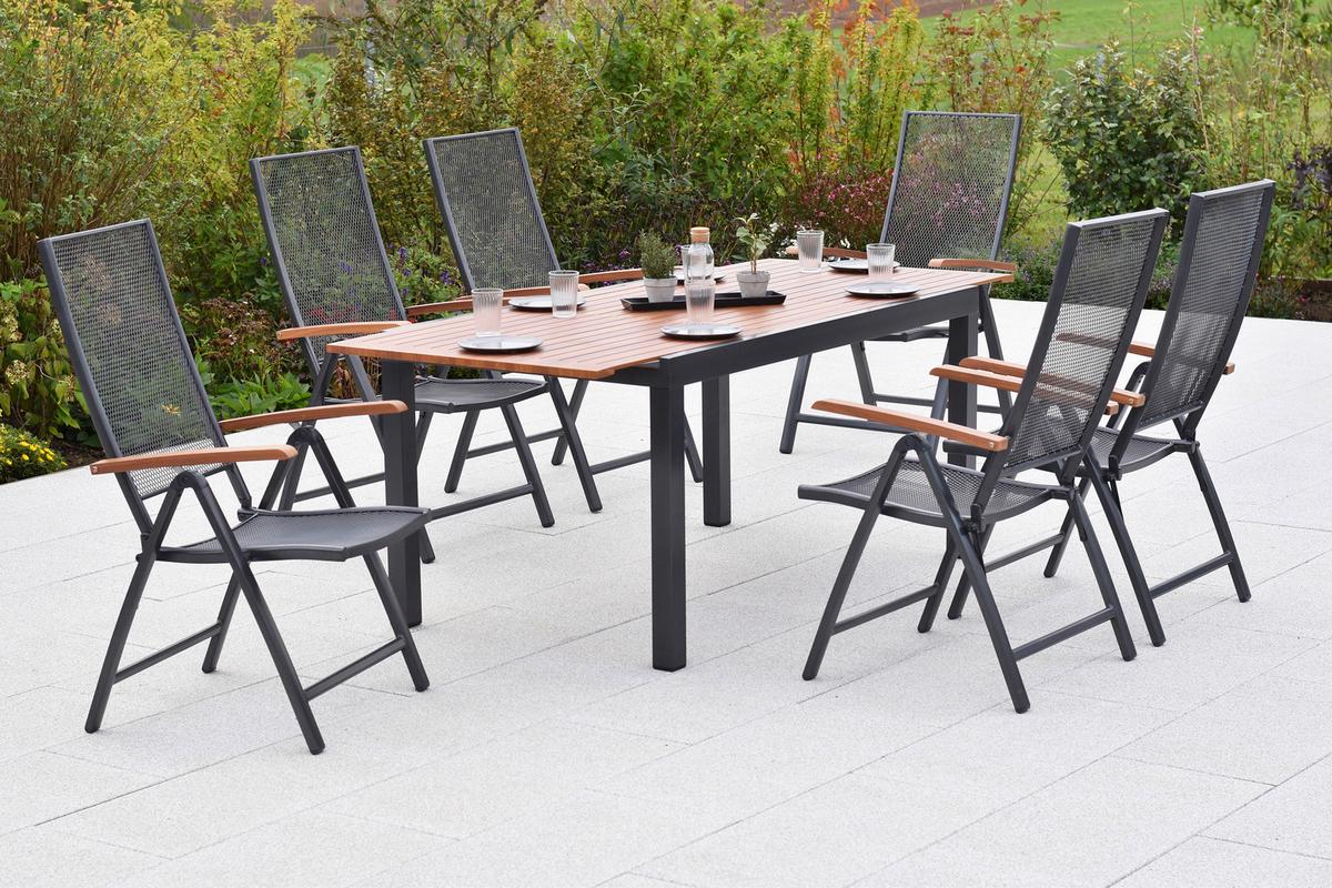 Gartentischgruppe Thasos 13-tlg. Graphitfarben - Graphitfarben/Naturfarben, KONVENTIONELL, Textil/Metall - Gardenson