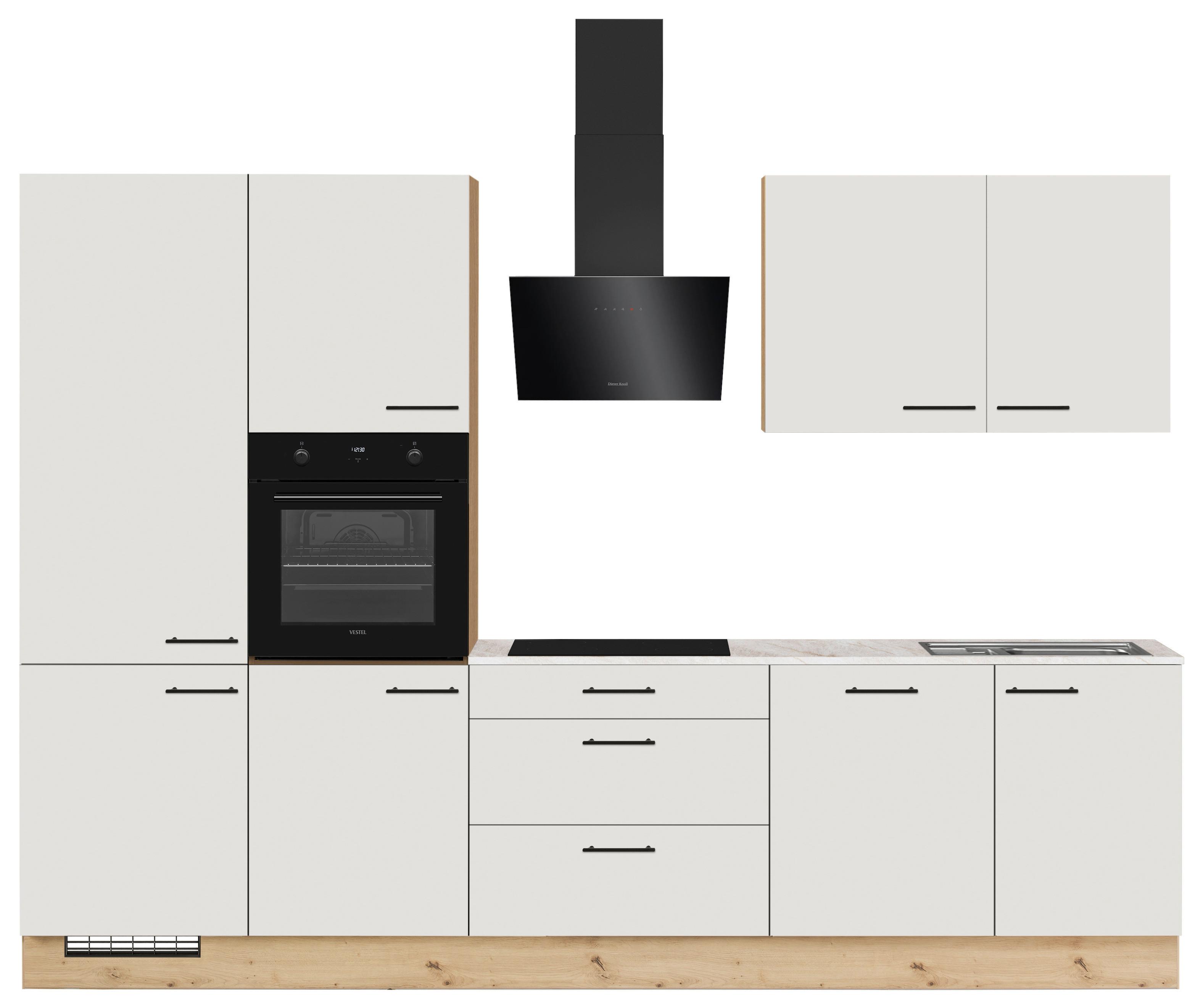 Küchenblock IP1200 o. Geräte Weiß - Eichefarben/Schwarz, MODERN, Holzwerkstoff/Metall (310cm) - Impuls