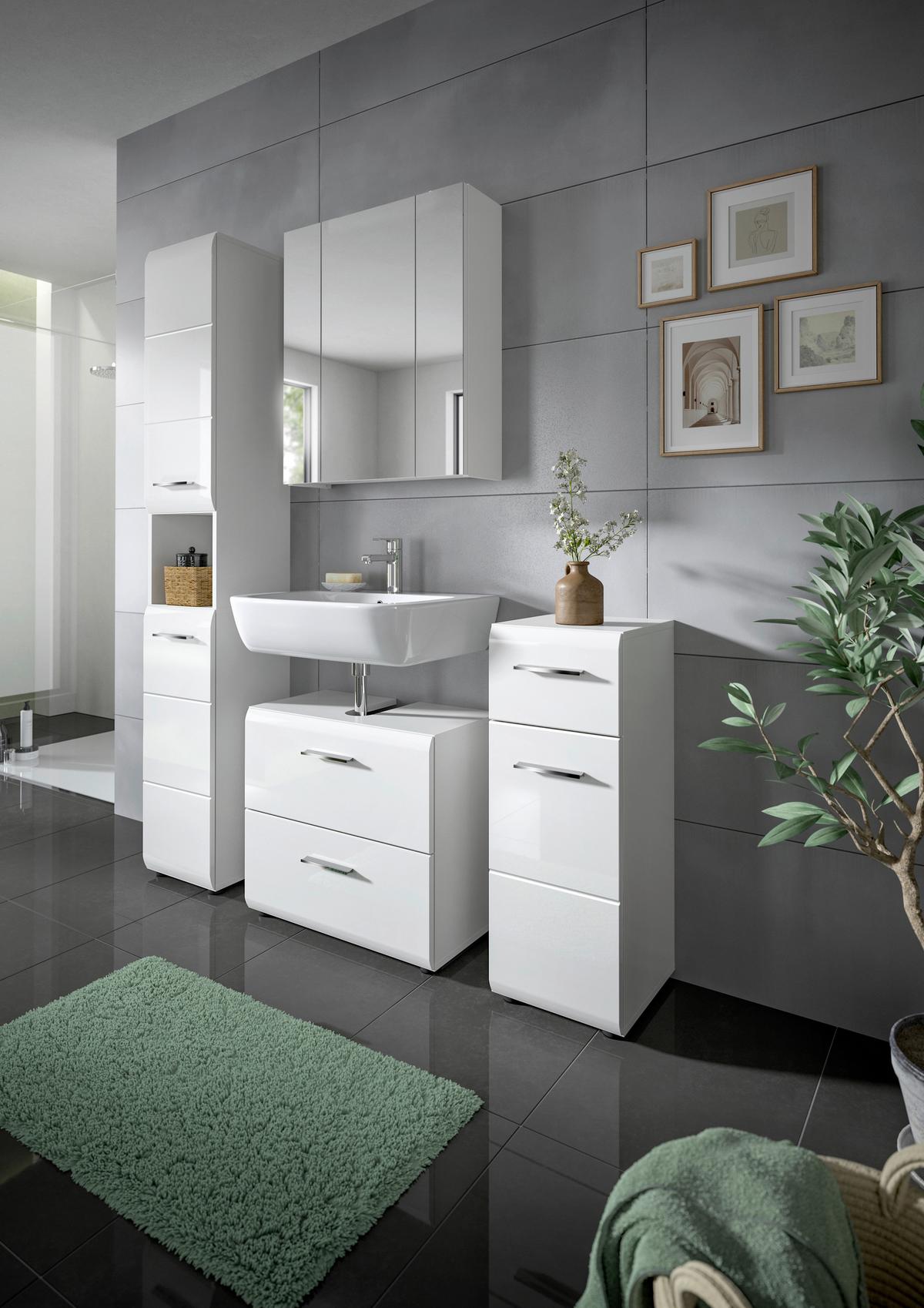 Badezimmer Ice 4-tlg. ca. 120 cm Weiß - Weiß Hochglanz/Silberfarben, MODERN, Holzwerkstoff/Kunststoff (120cm) - MID.YOU