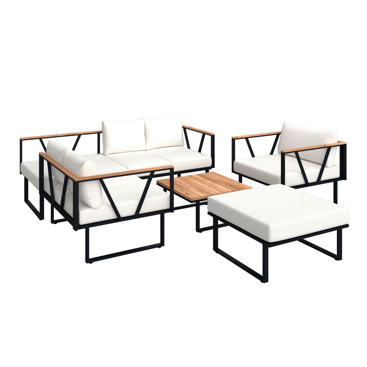 Loungegarnitur Loretta Creme Metall/Holz/Outdoorstoff - Creme/Schwarz, MODERN, Holz/Textil (80/75/80cm) - Bessagi Garden