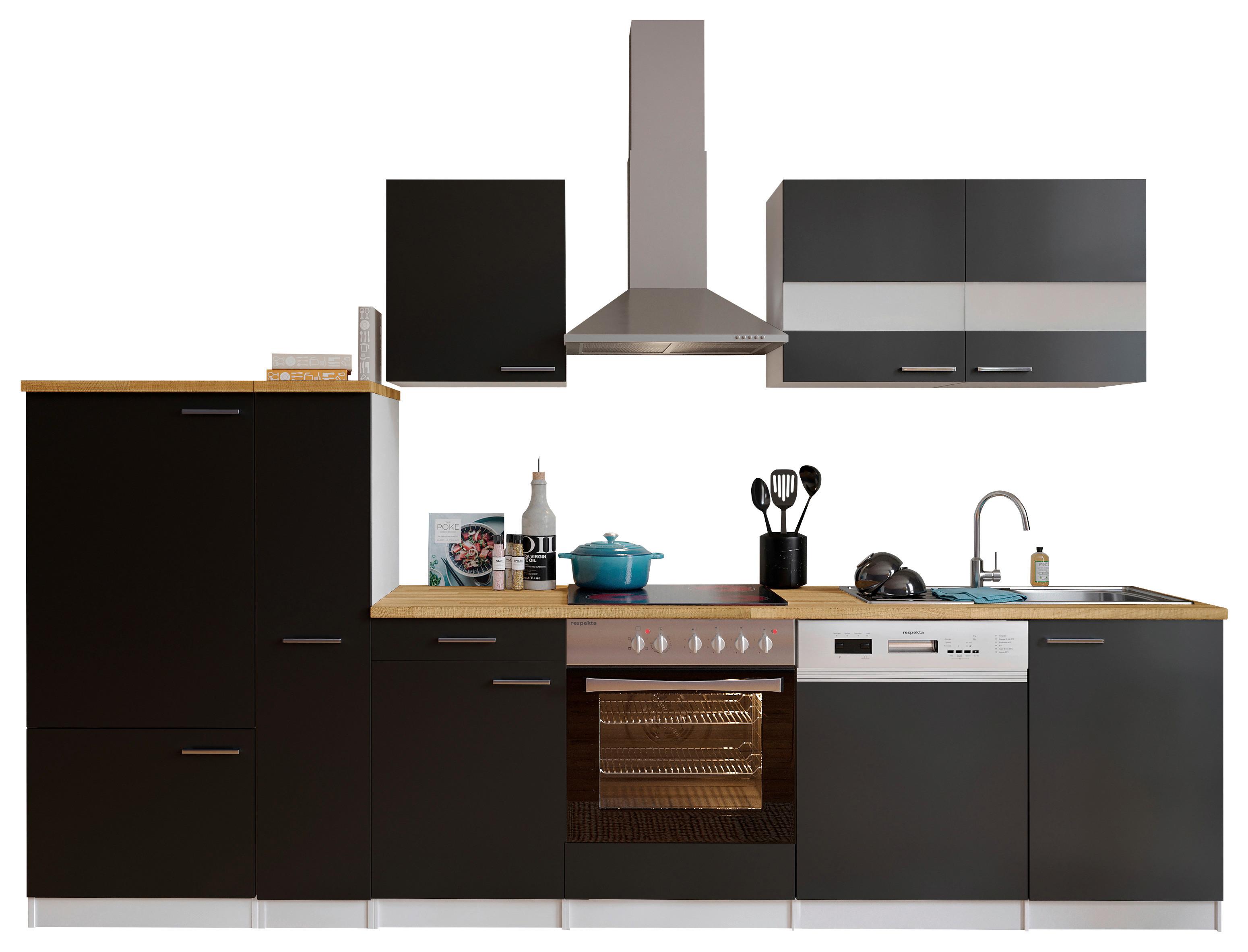 Küchenleerblock LBKB310WSG Schwarz/Weiß ca. 310 cm - Edelstahlfarben/Nussbaumfarben, Basics, Holzwerkstoff/Metall (310cm) - Respekta