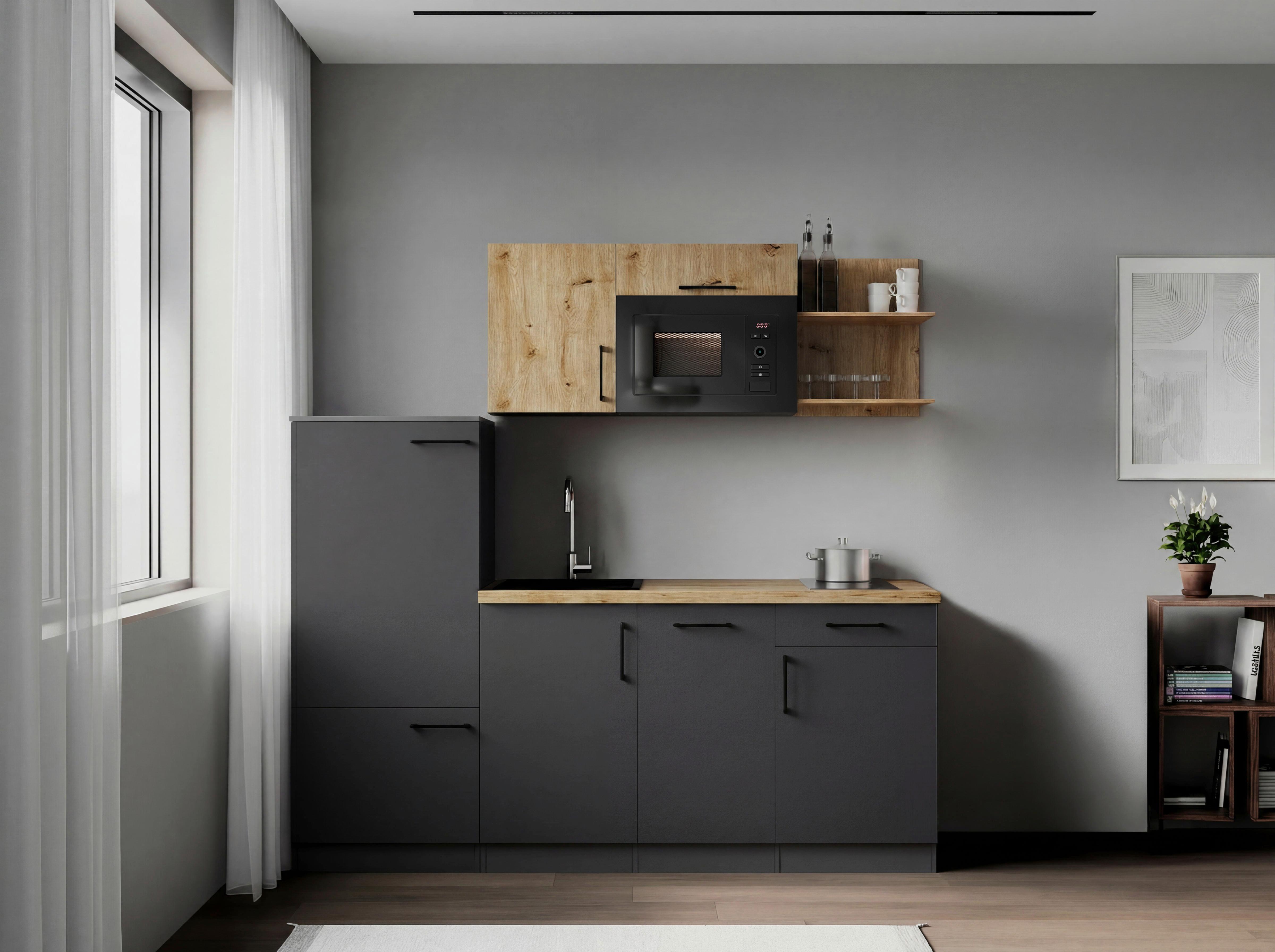 Küchenblock Oliver m. Geräten Grau - Eiche Artisan/Grau, Trend, Holzwerkstoff/Metall (205cm) - Respekta