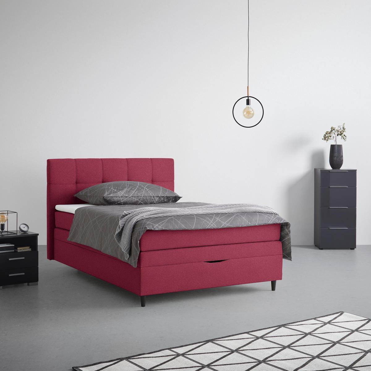 Boxspringbett Miami in Weinrot ca. 140x200cm - Schwarz Hochglanz/Weinrot, KONVENTIONELL, Holz/Holzwerkstoff (140/200cm) - Mömax