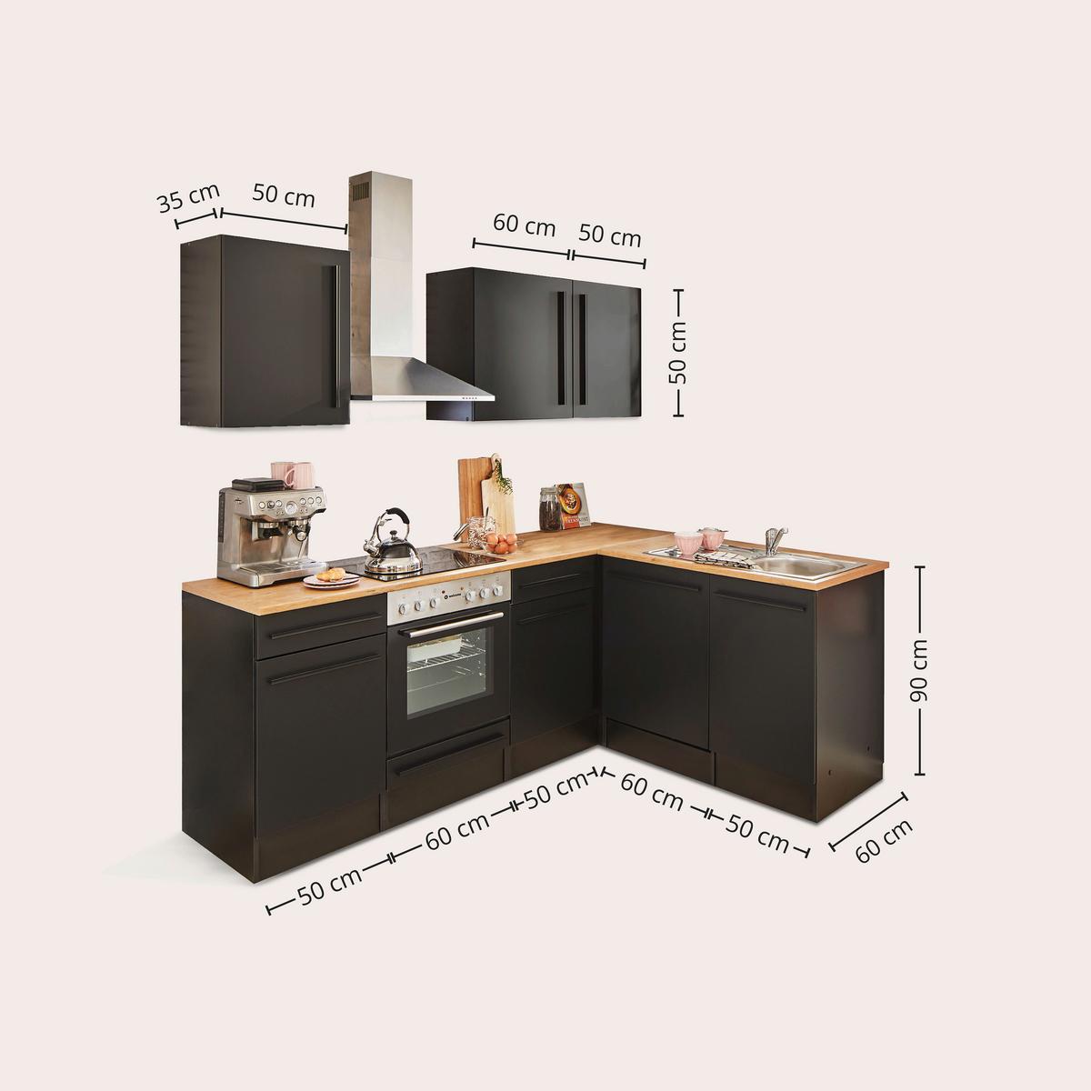 Eckküche Jazz mit Geräten ca.220x175cm Schwarz - Eichefarben/Schwarz, LIFESTYLE, Holzwerkstoff/Kunststoff (220/175/60/60cm) - P & B