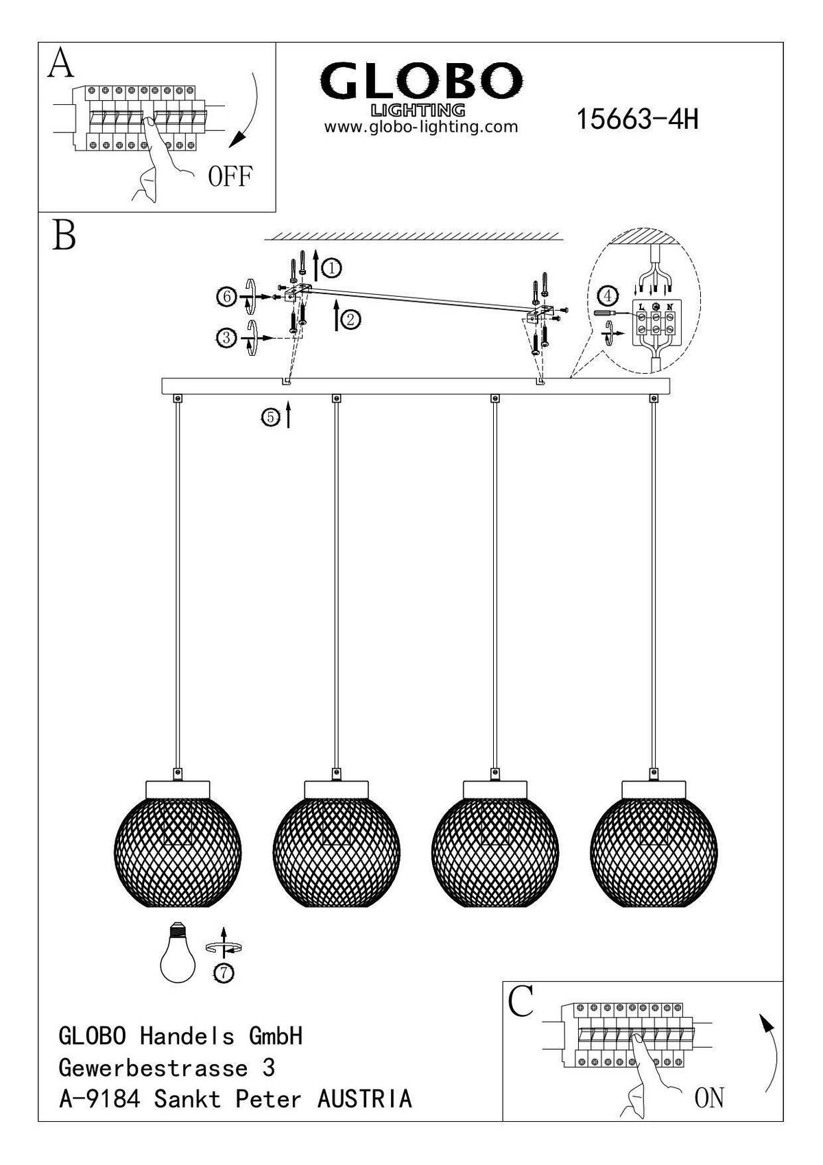 Viseča Svetilka 15663-4h - črna/rjava, Basics, kovina/les (95/20/120cm) - Globo