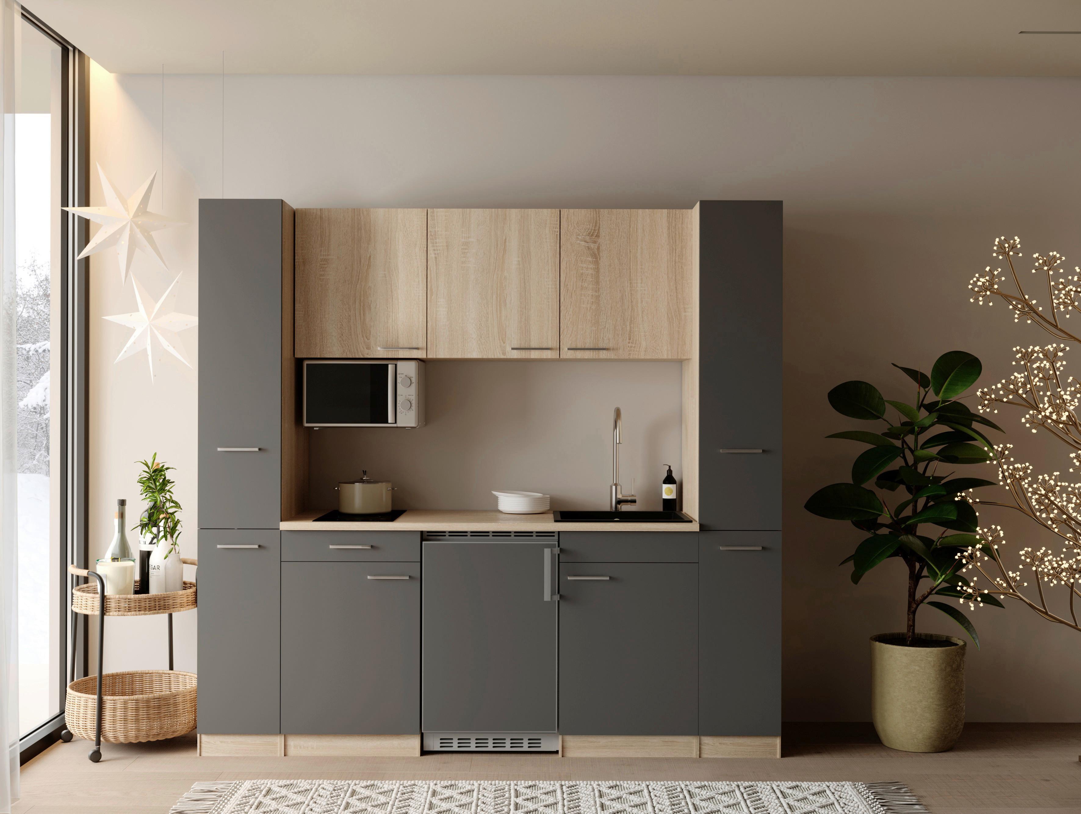 Küchenblock Ingrid m. Geräten Grau - Eichefarben/Alufarben, Design, Holzwerkstoff/Kunststoff (210cm) - Respekta