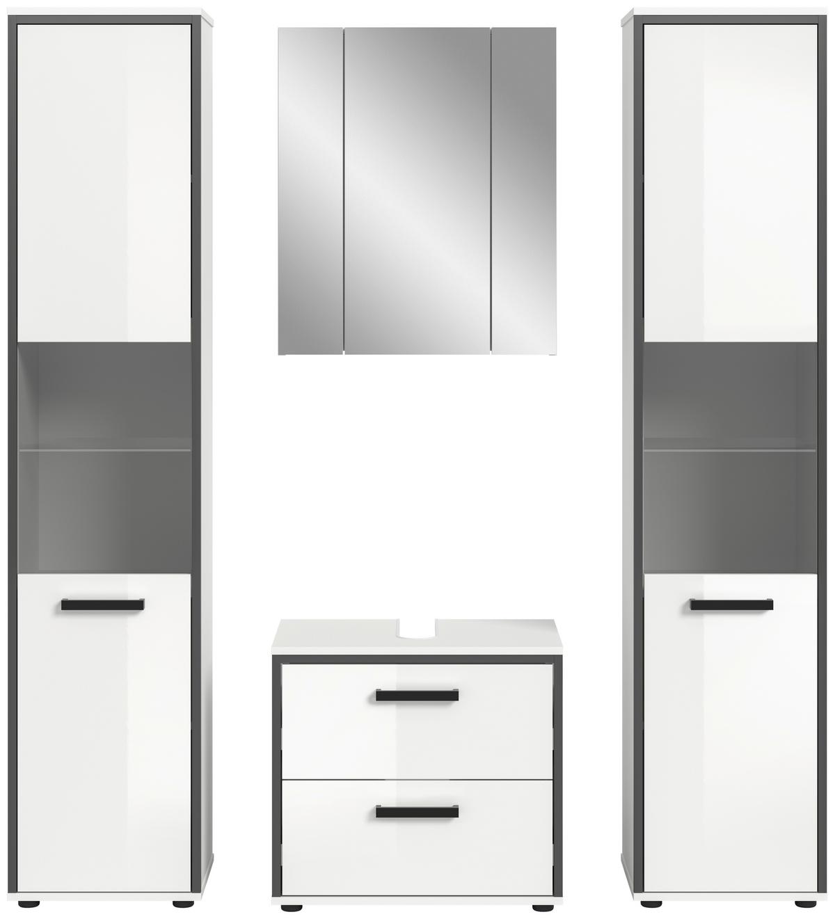 Badezimmer Kojak 4-tlg. Weiß/Anthrazit - Weiß Hochglanz, MODERN, Holzwerkstoff/Kunststoff (140cm) - MID.YOU