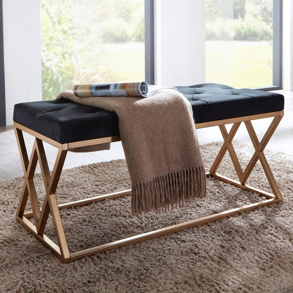 Sitzbank Wohnling ca.90x46x44cm Textil Schwarz - Goldfarben/Schwarz, Design, Textil/Metall (90/46/44cm) - MID.YOU
