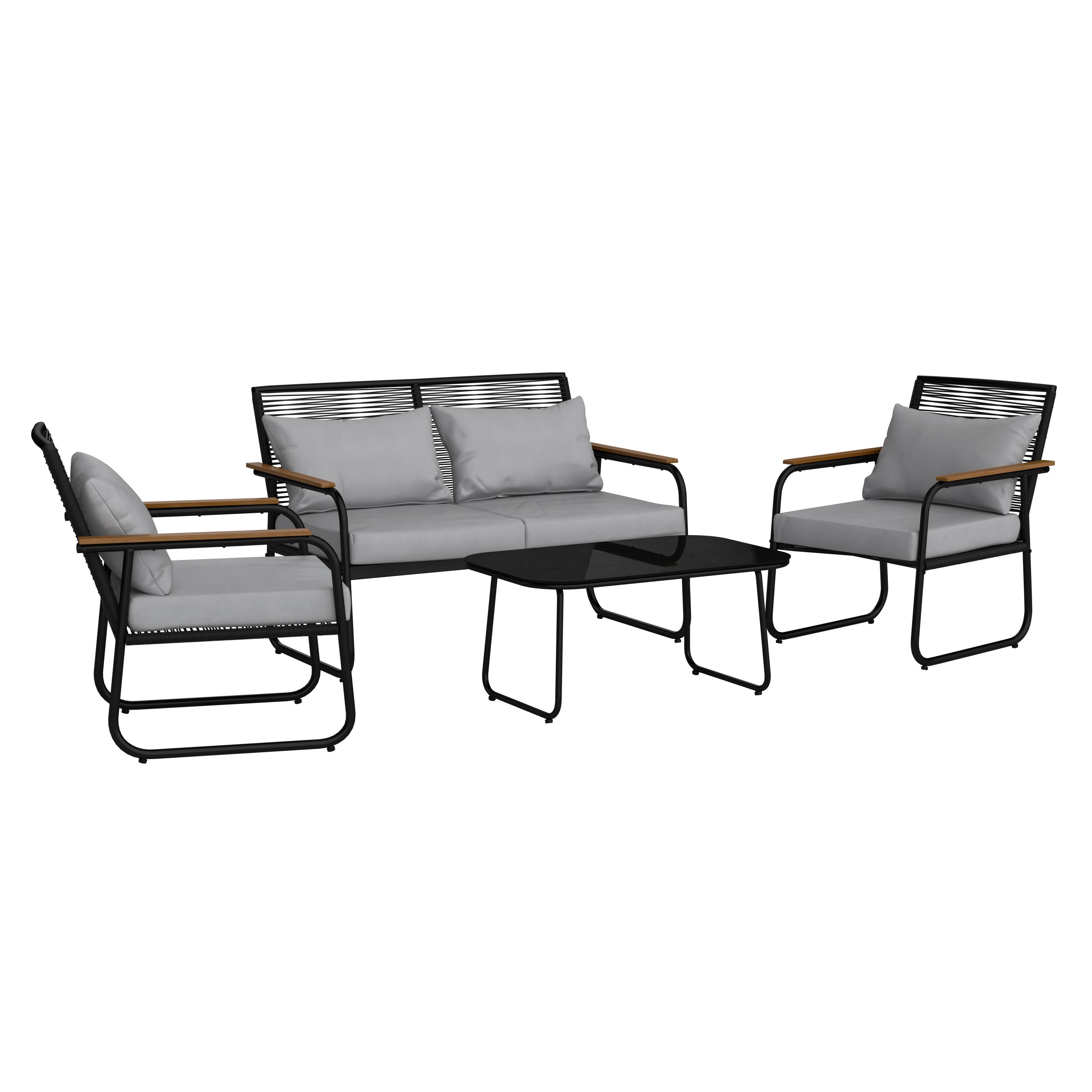 Loungegarnitur-Set Elly Grau Metall/Outdoorstoff - Schwarz/Naturfarben, MODERN, Glas/Kunststoff (116/77/71cm) - Bessagi Garden