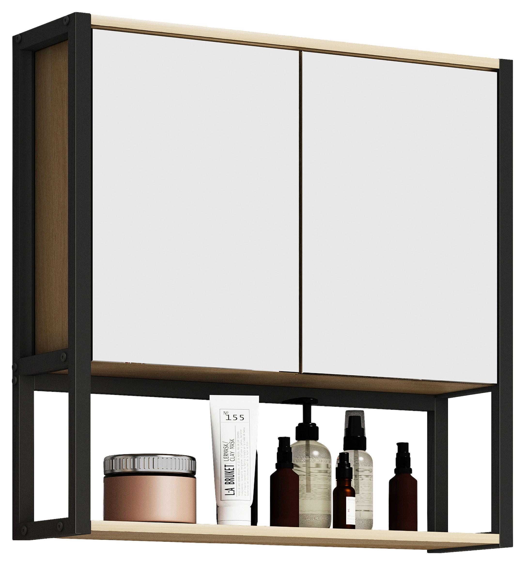 Spiegelschrank Edino ca. 60x60 cm Eiche/Schwarz - Honigeiche, MODERN, Glas/Holzwerkstoff (60/60/17cm) - MID.YOU