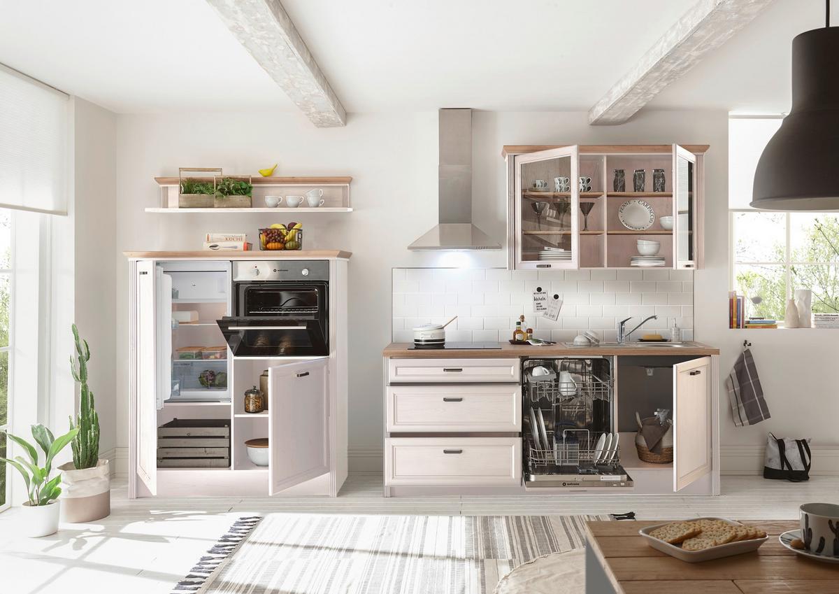 Küchenblock Jasmin mit Geräten ca. 210 cm Pinienfarben/Eiche - Anthrazit/Eiche Artisan, ROMANTIK / LANDHAUS, Glas/Holzwerkstoff (210-135/228/153/60/61cm) - P & B