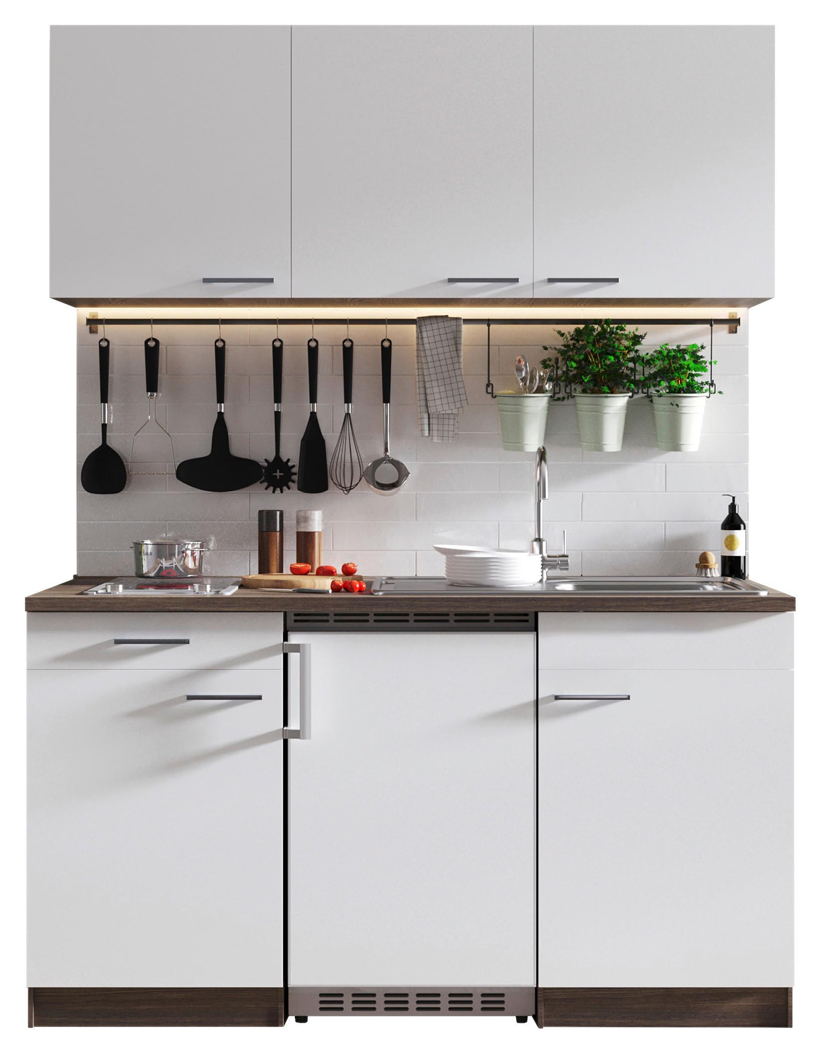 Miniküche Oliver mit Geräten ca. 150 cm Weiß - Eichefarben/Alufarben, Basics, Holzwerkstoff/Kunststoff - Respekta
