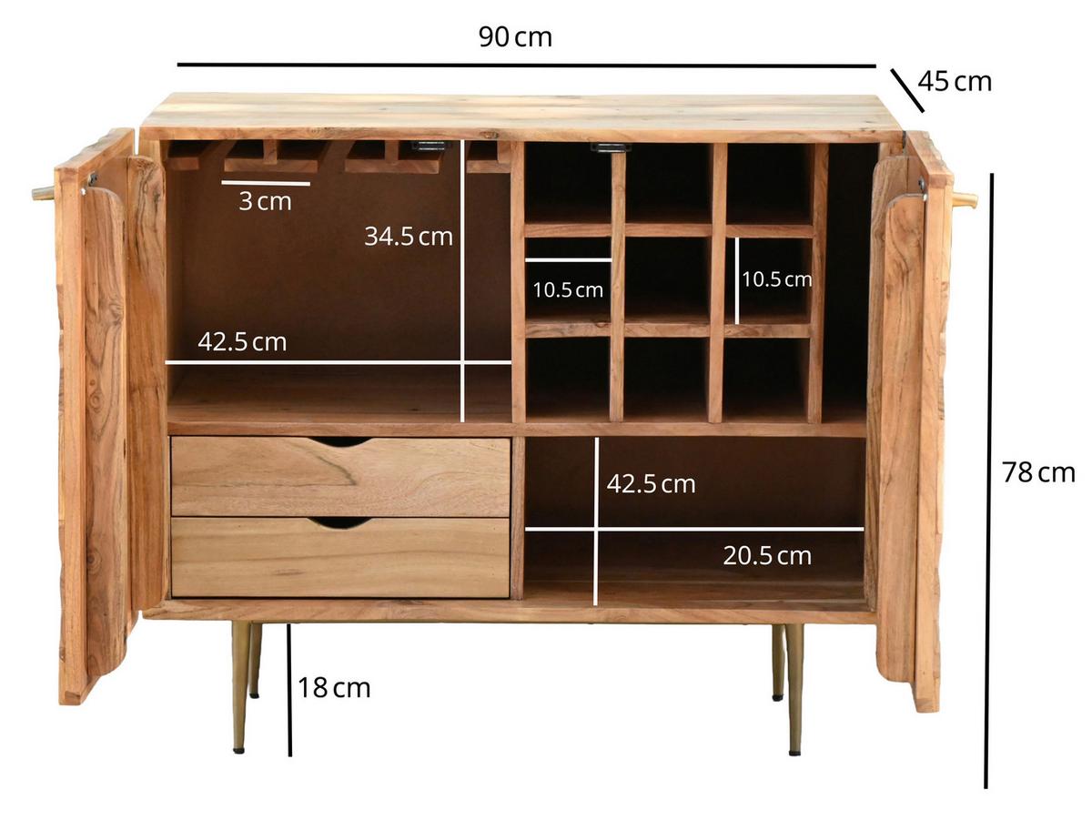 Barschrank Wl7.441 - Goldfarben/Akaziefarben, Design, Holz/Metall (90/45/78cm) - Livetastic