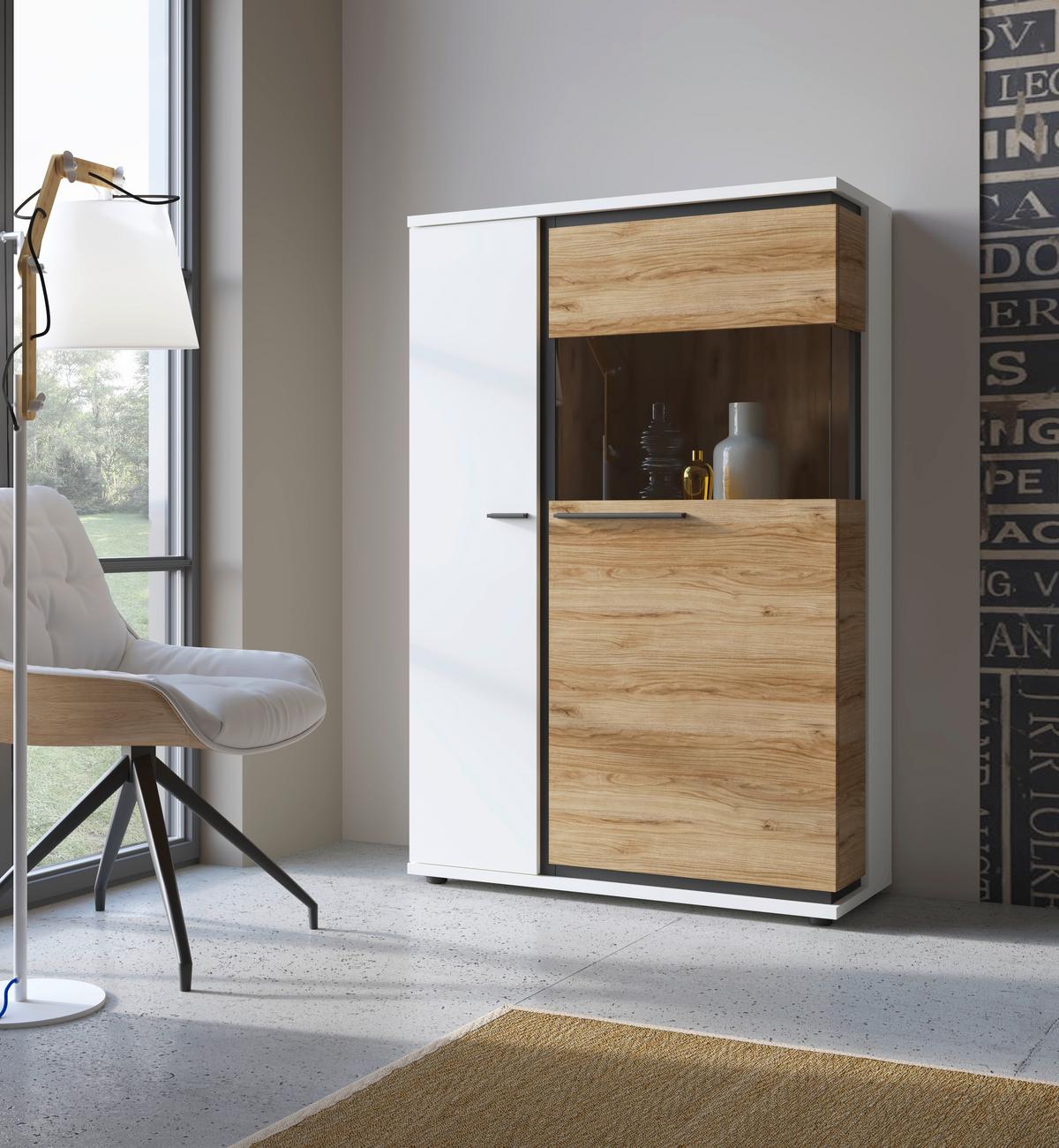 Vitrina Salinas - bijela/boje hrasta, Trend, staklo/drvni materijal (93/139,8/37cm) - Modern Living