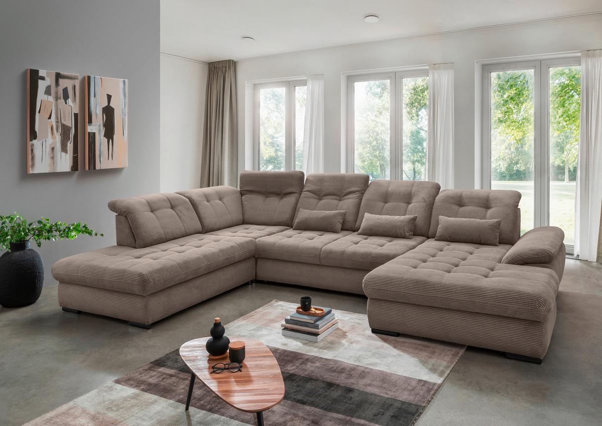 Wohnlandschaft Rigatti Grau- Braun Cord mit Bettkasten - Graubraun/Schwarz, MODERN, Textil/Metall (252/387/184cm) - Livetastic