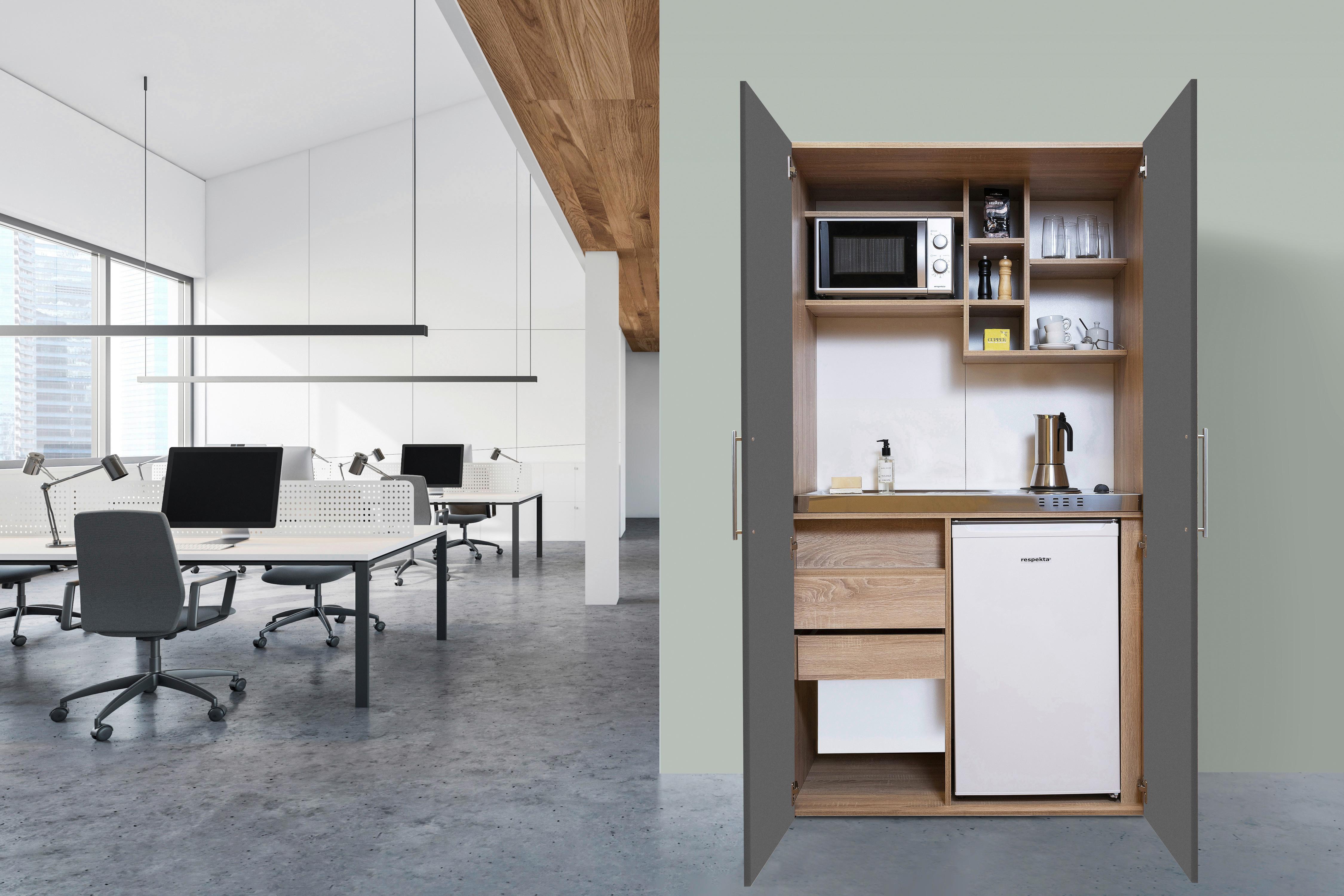 Schrankküche Grau Kühlschrank + Kochfeld B: ca. 104 cm - Edelstahlfarben/Eichefarben, KONVENTIONELL, Holzwerkstoff/Metall (104/193/67cm) - Respekta