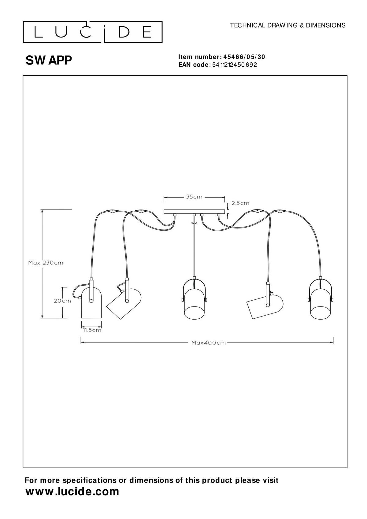 LAMPA WISZĄCA 45466/05/30 SWAPP - czarny, Design, metal (350/12/200cm) - Lucide